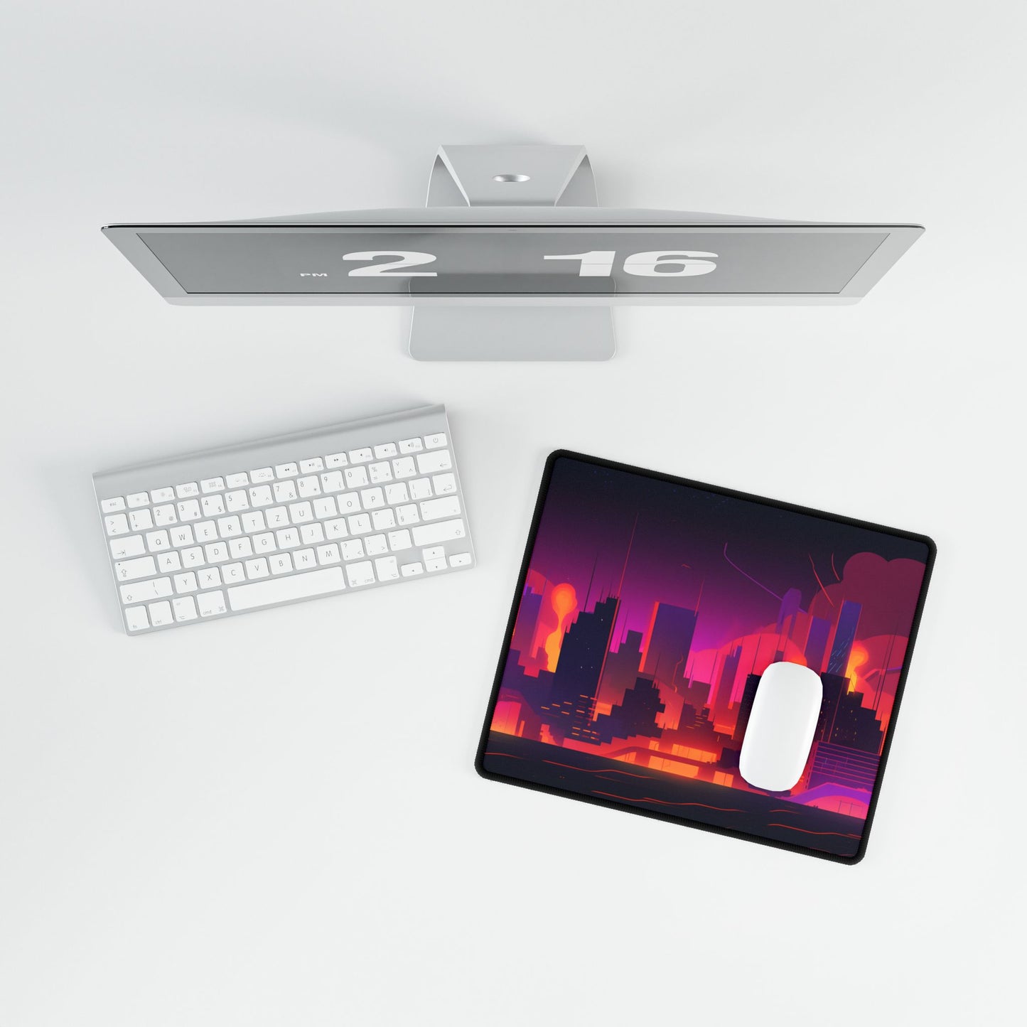Burning Cyberpunk Cityscape: Nighttime Digital Artwork - Desk Mat