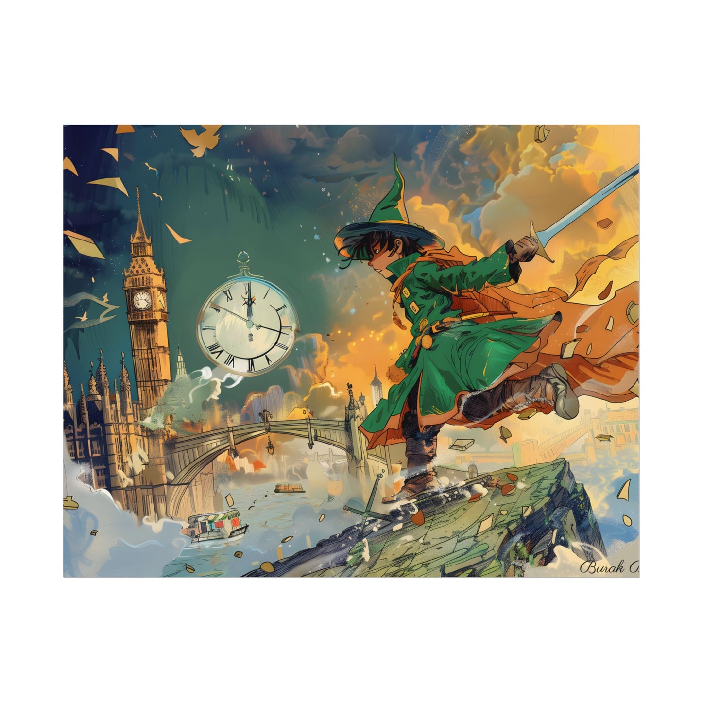Whimsical Green Tunic Boy: Mischievous Illustration - Poster