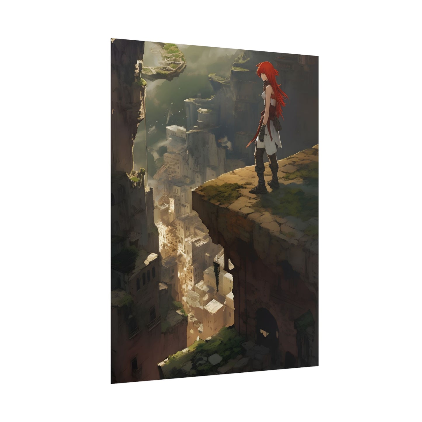 Anime Birds Eye View: Red Haired Female in Action Fantasy Scene - Poster