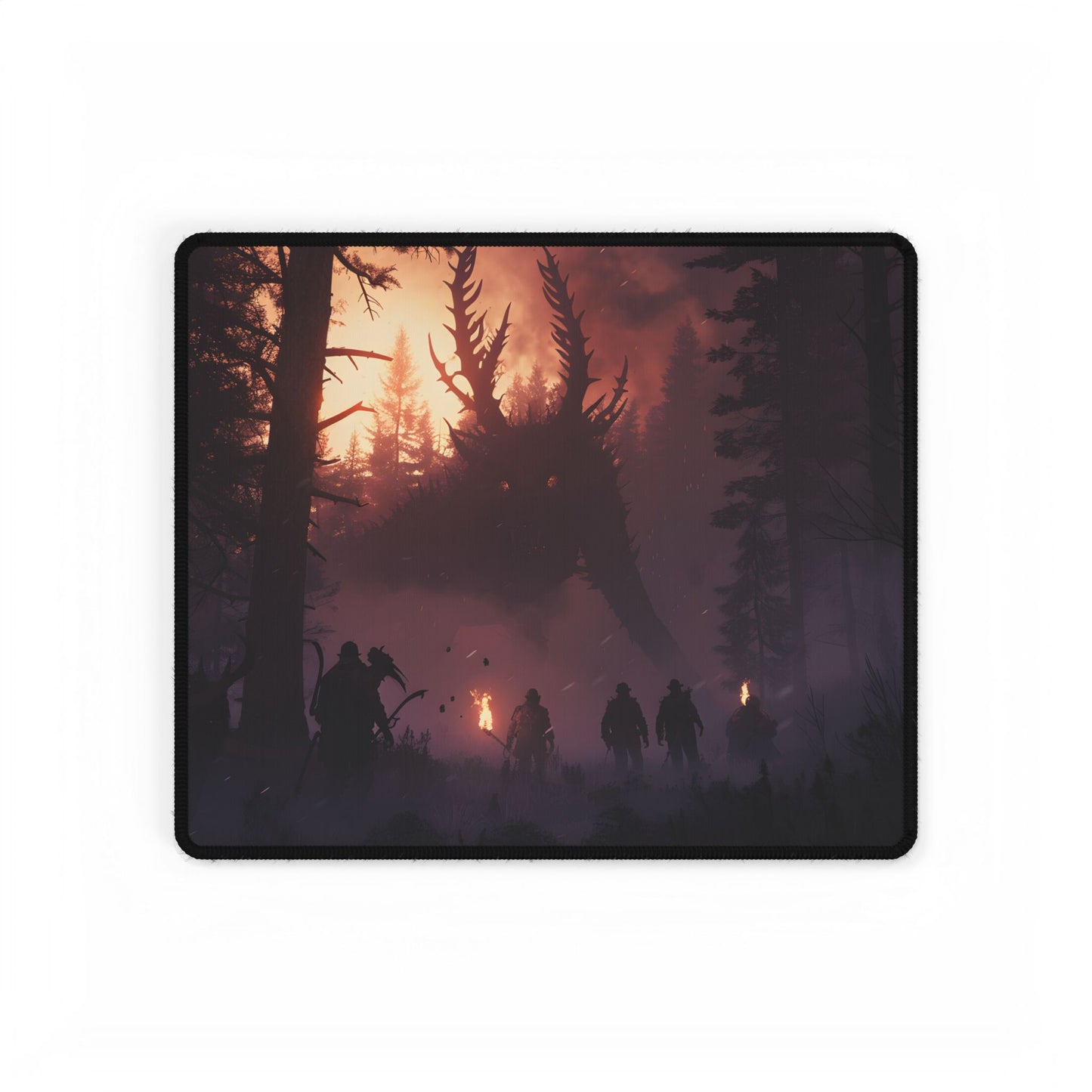 Serene Forest Sunset: Group Walking Through Misty Landscape - Desk Mat