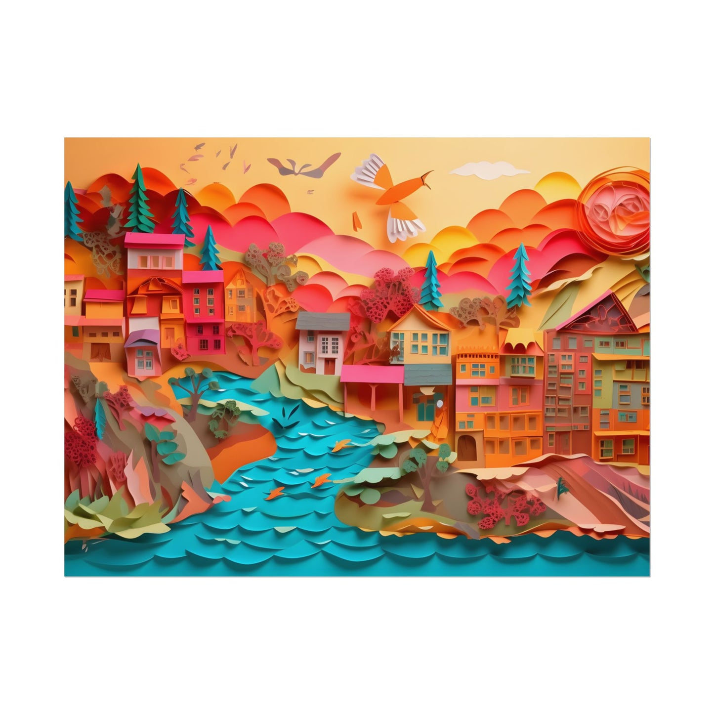 Magical Beach Quill: Vibrant Paper Art of Tropical Paradise - Poster