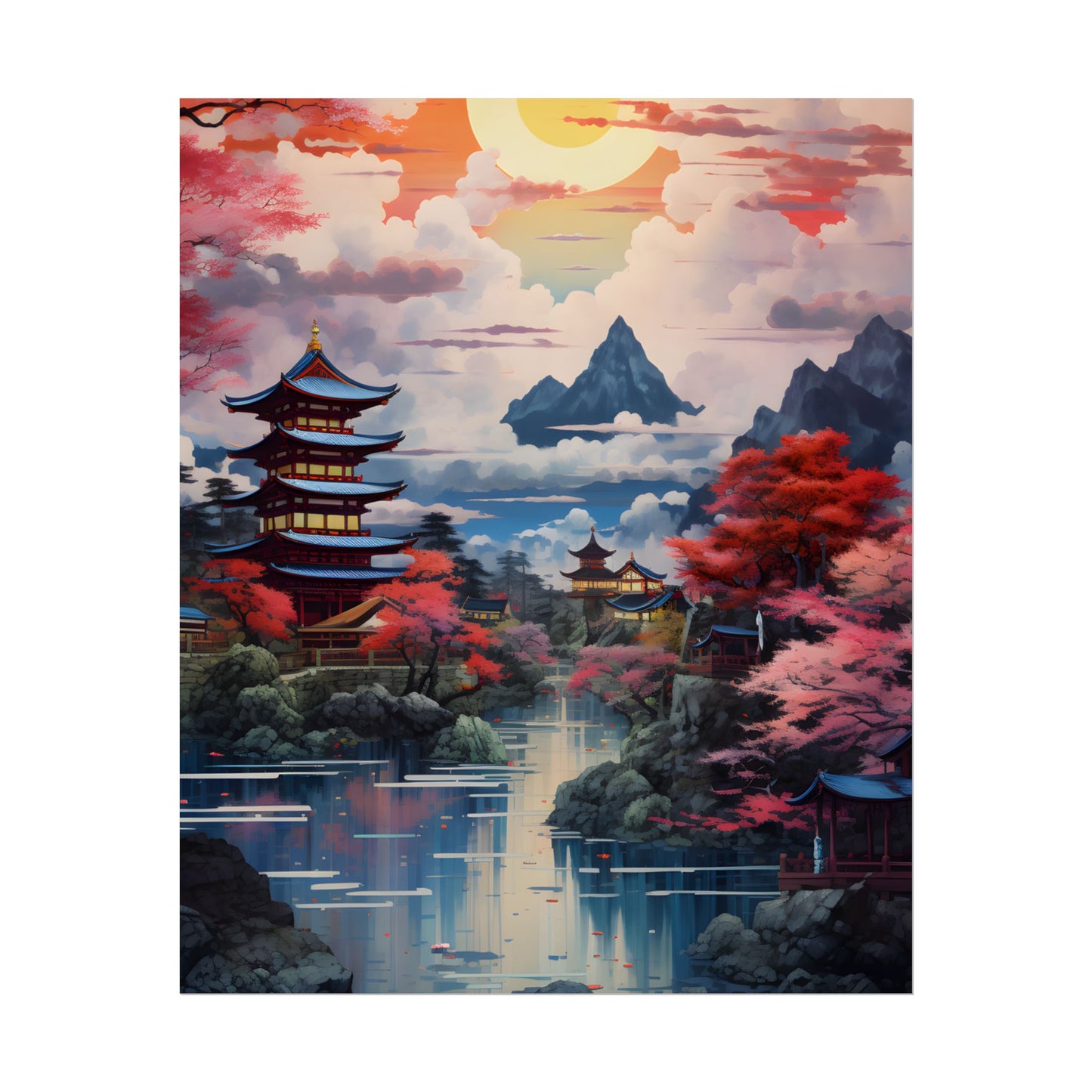 Wonderful Japanese River Scene with Serene Flowers - Poster
