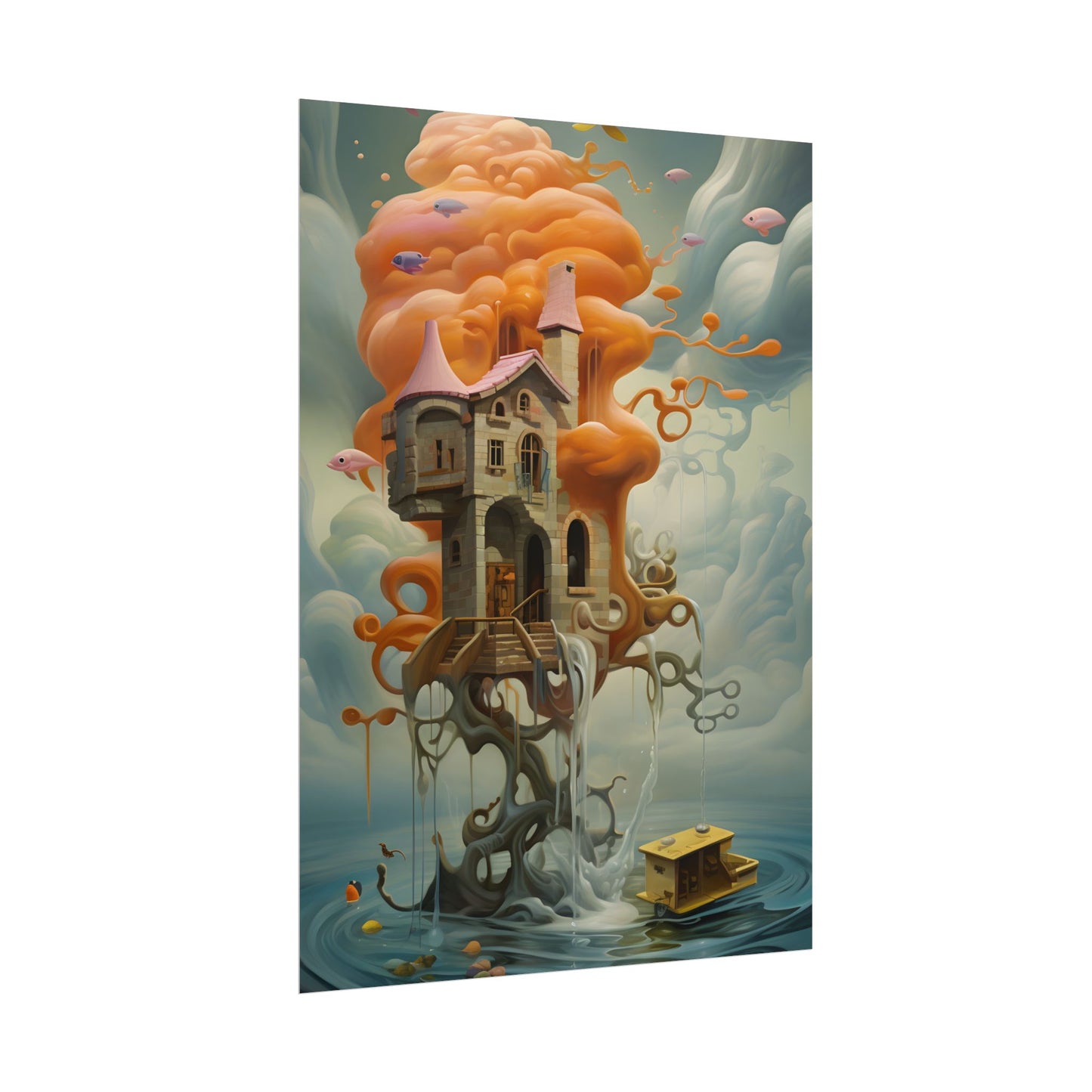 Surreal Dreamscape: Orange Mushroom in Psychedelic Landscape - Poster