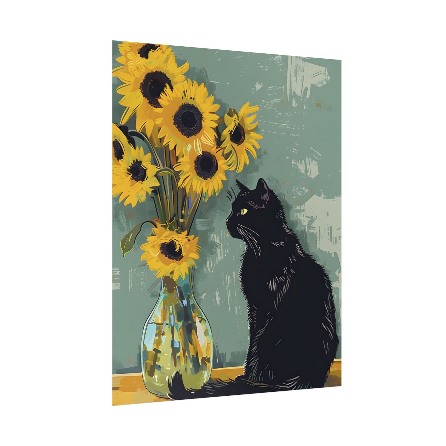 Whispers in the Sun: A Black Cat's Serene Moment with Sunflowers - Poster