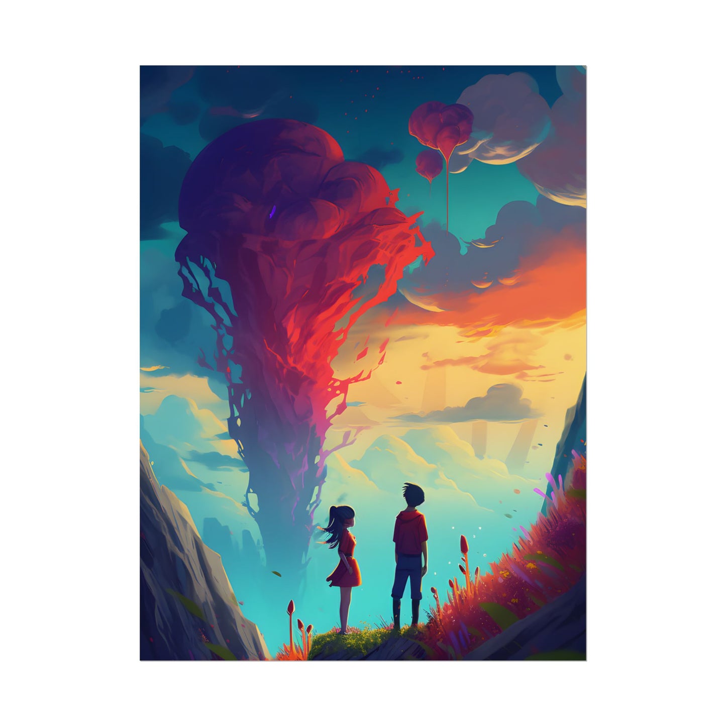Peaceful Meadow Moment: A Girl and a Boy in Nature - Poster
