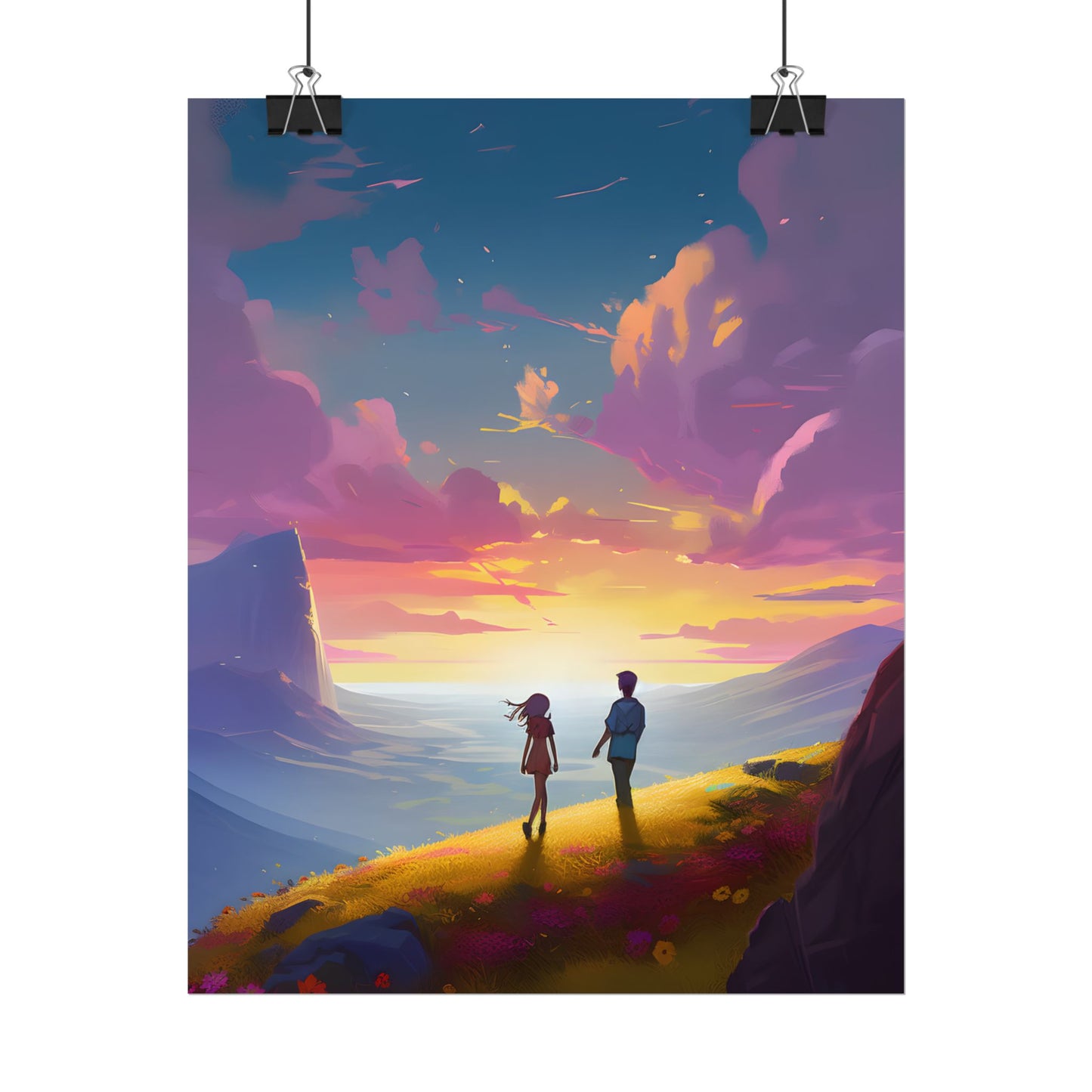 Young Love in a Cloudy Meadow: A Heartwarming Artwork - Poster