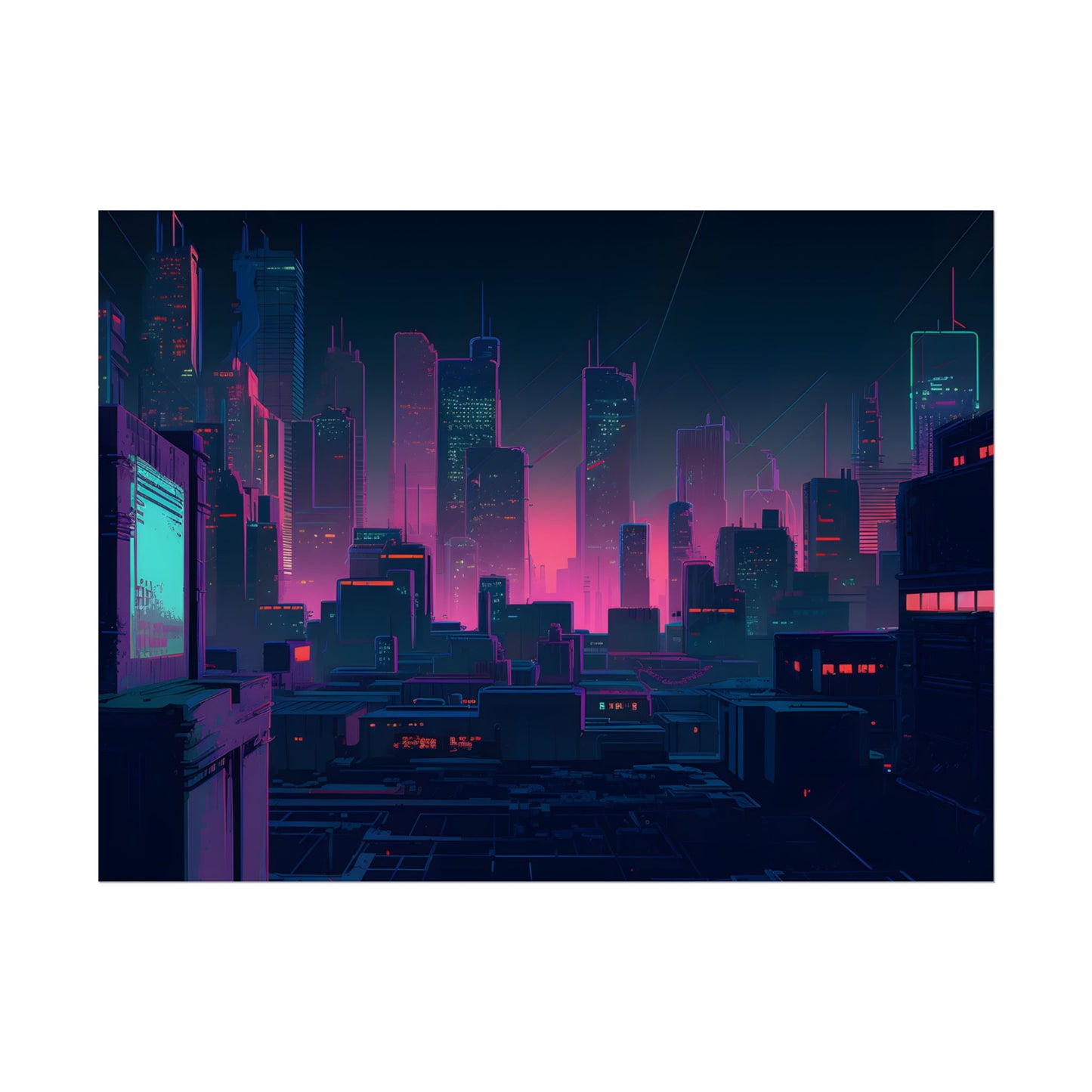 Melancholic Cyberpunk City: Nighttime Scene Digital Art - Poster
