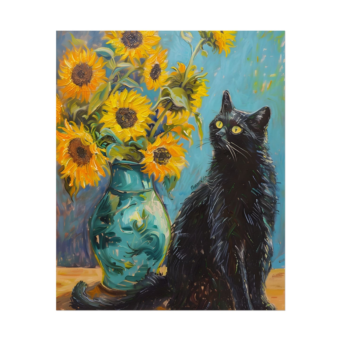 Whispers in the Garden: A Black Cat Among Sunflowers - Poster