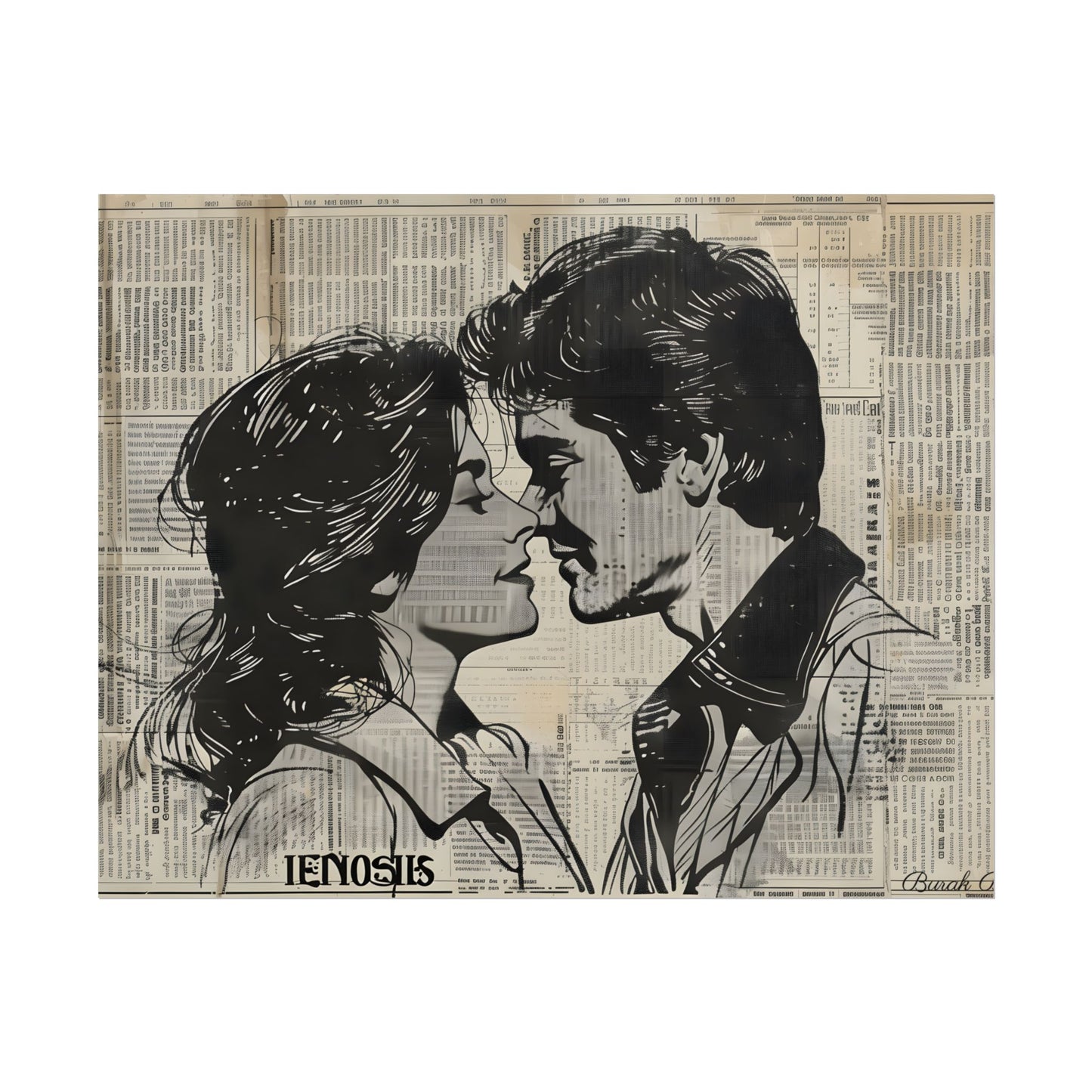 Vintage Romance Couples: Timeless Newsprint Art - Poster