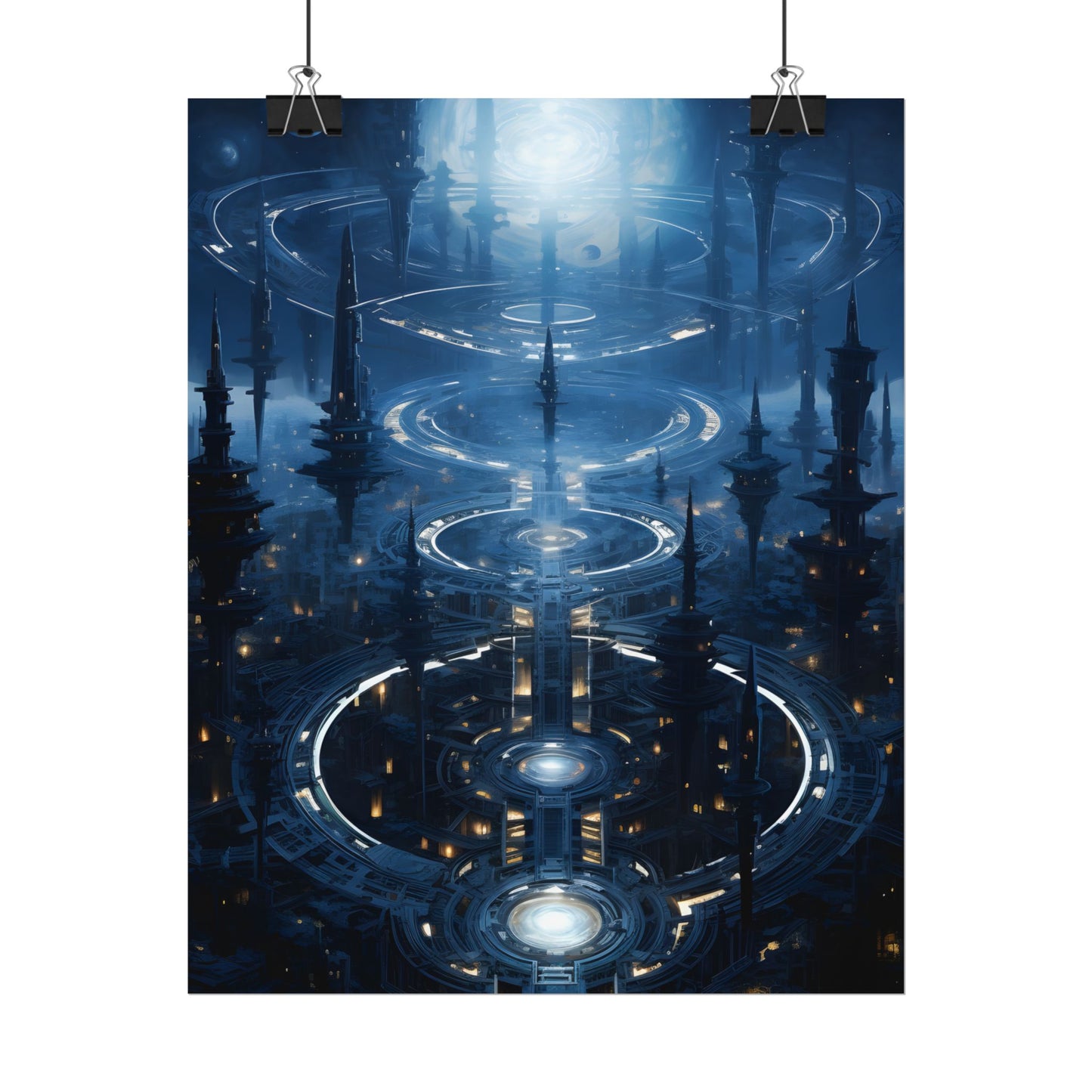 Aetherial Space Station: Galactic Hub in Vibrant Blue Nebula - Poster