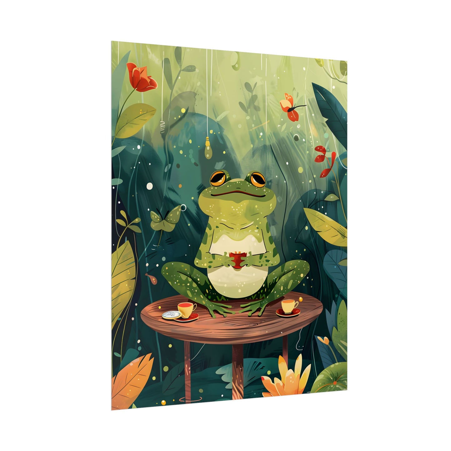 Whimsical Frog on Water: Playful Lily Pad Illustration - Poster