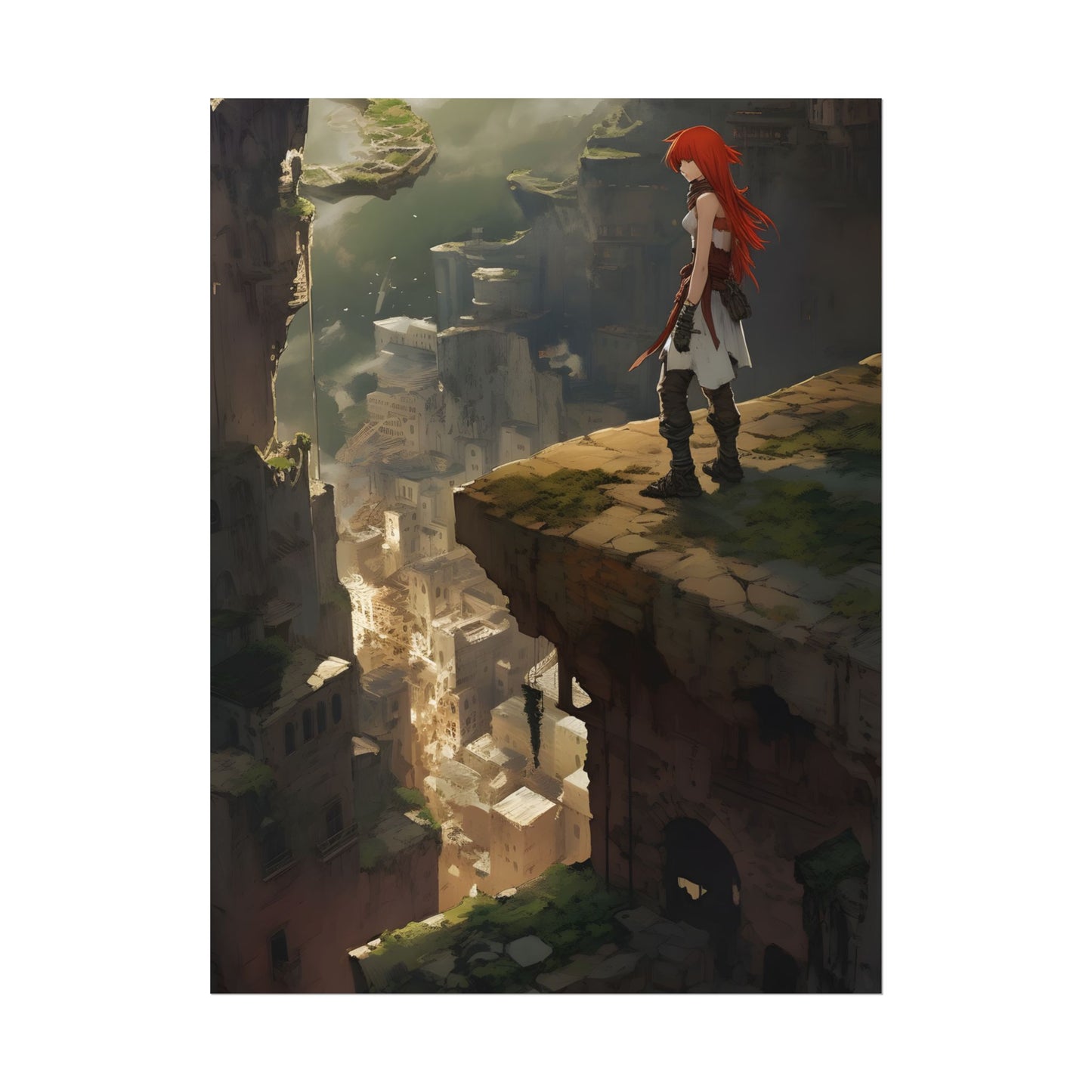 Anime Birds Eye View: Red Haired Female in Action Fantasy Scene - Poster