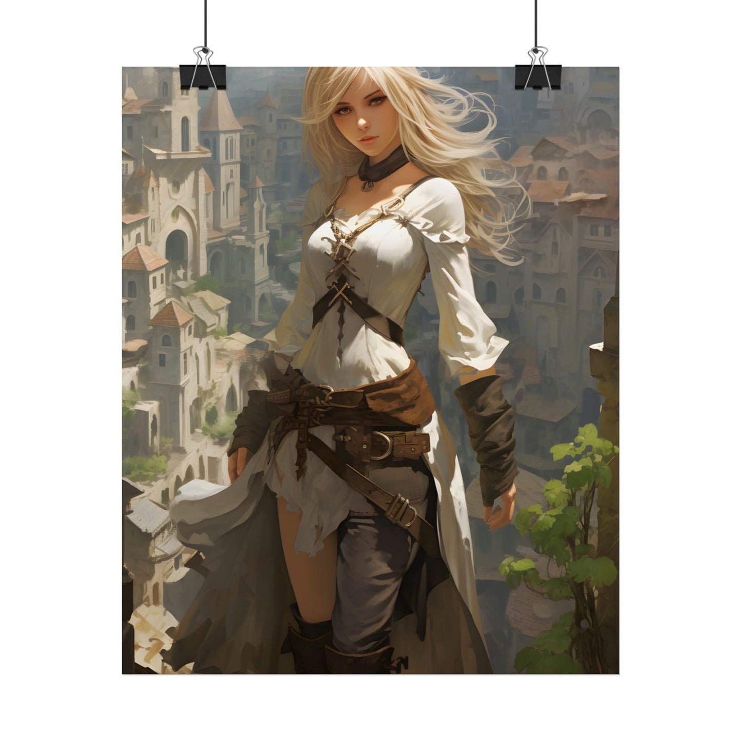 Anime Bird's Eye View Portrait: Blonde Beauty in Motion - Poster