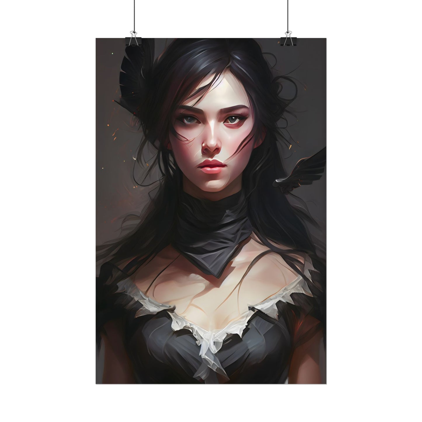 Female Portrait: Black Hair Artwork in Dark Background - Poster