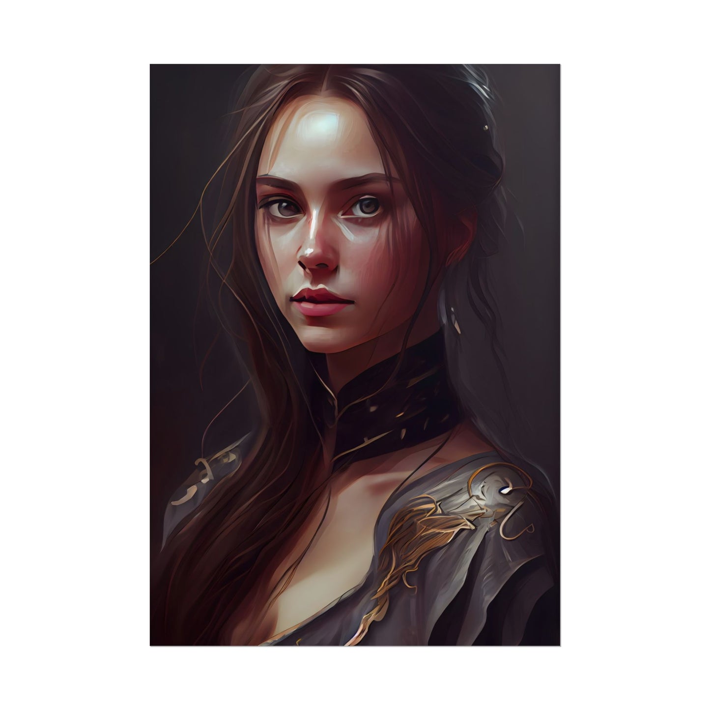 Elegant Indoor Portrait: Brown Hair Beauty - Poster