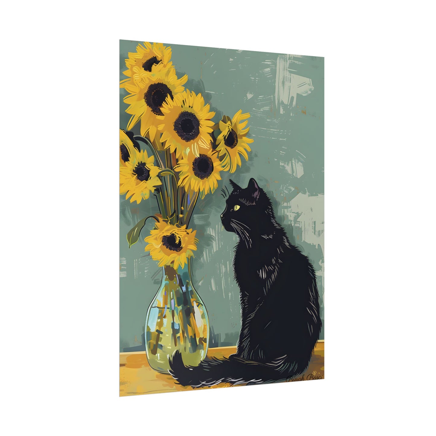 Whispers in the Sun: A Black Cat's Serene Moment with Sunflowers - Poster
