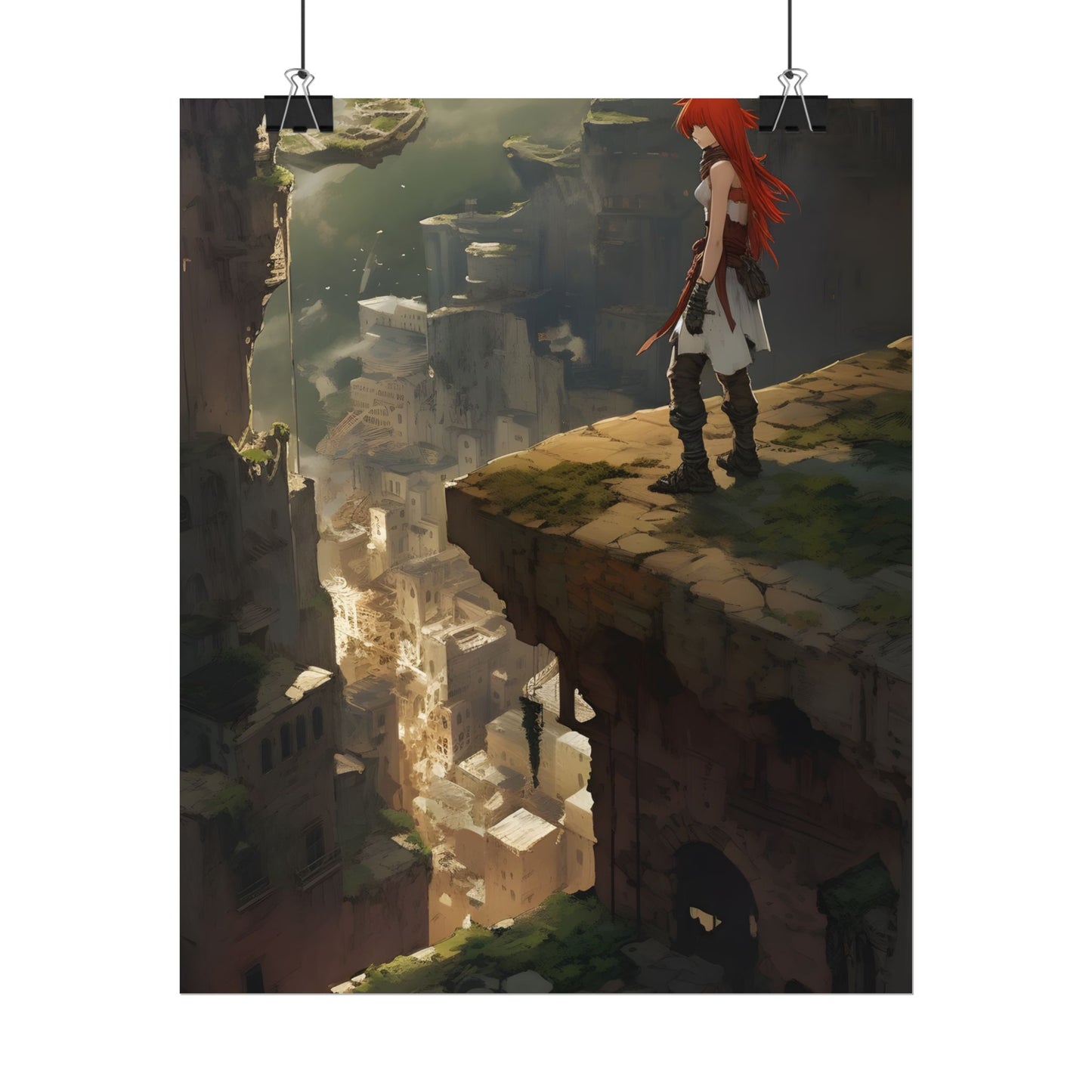 Anime Birds Eye View: Red Haired Female in Action Fantasy Scene - Poster