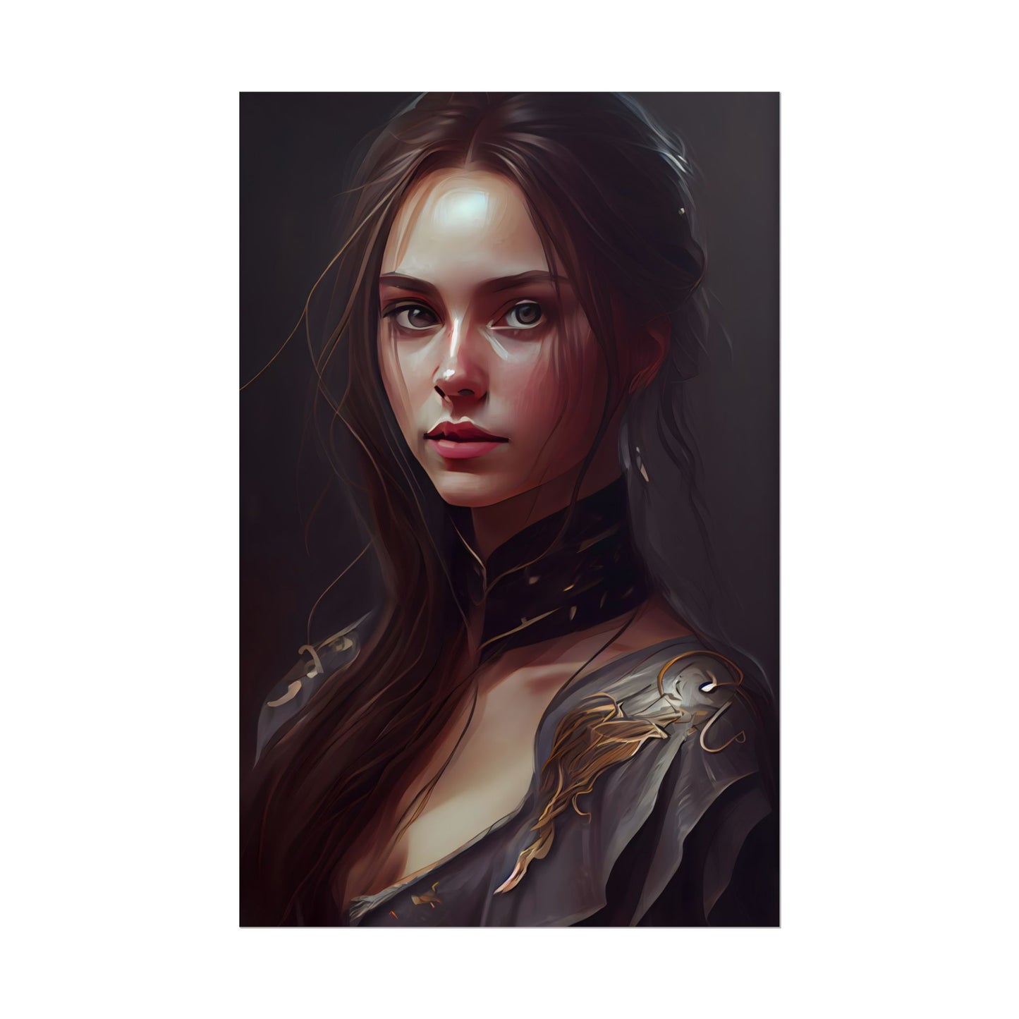 Elegant Indoor Portrait: Brown Hair Beauty - Poster