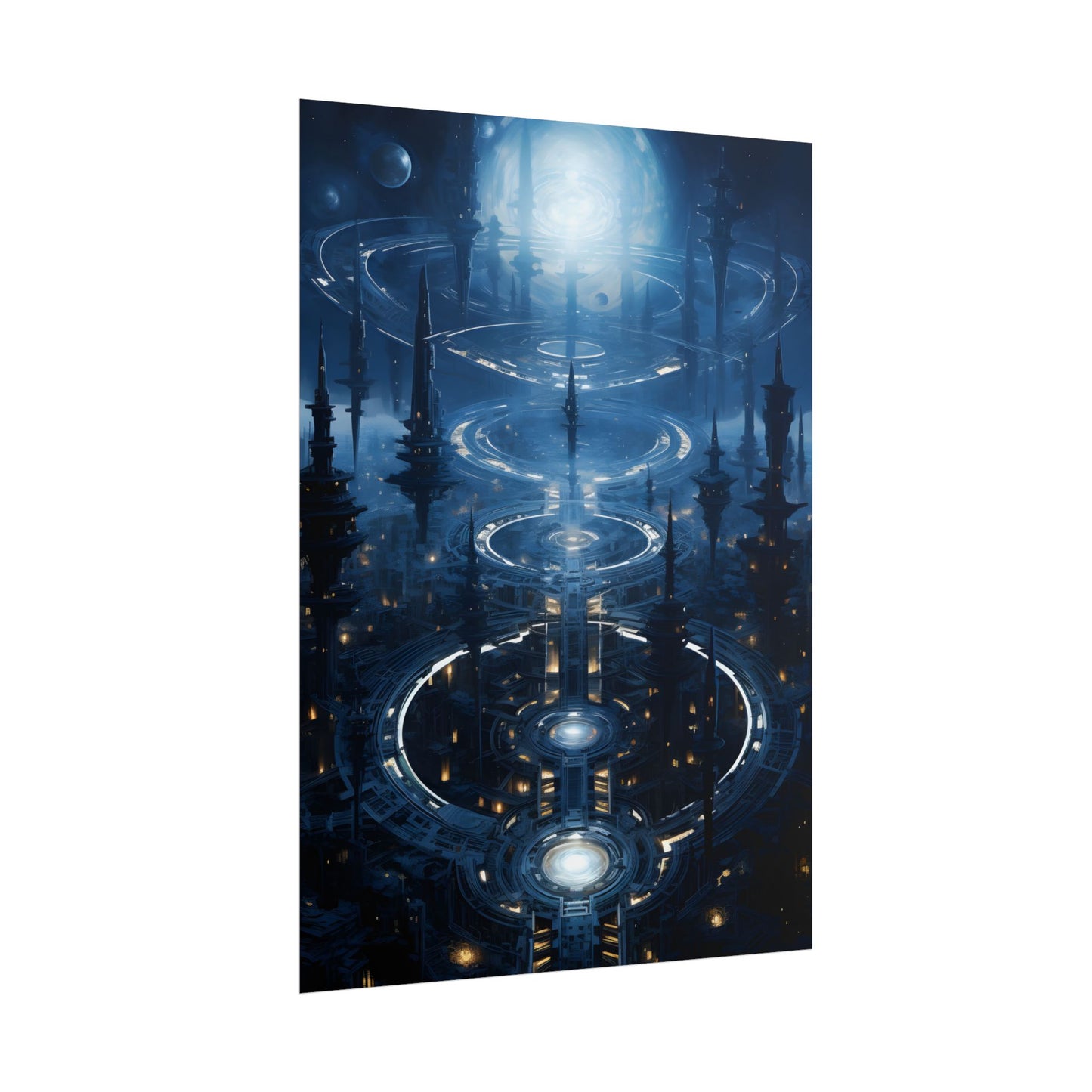 Aetherial Space Station: Galactic Hub in Vibrant Blue Nebula - Poster