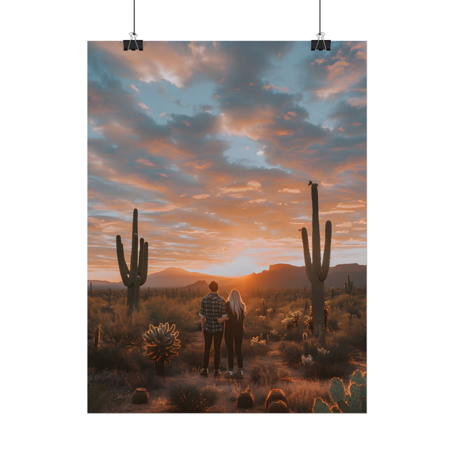 Warm Embrace Under Desert Sunset: People Standing Together in Golden Hour - Poster
