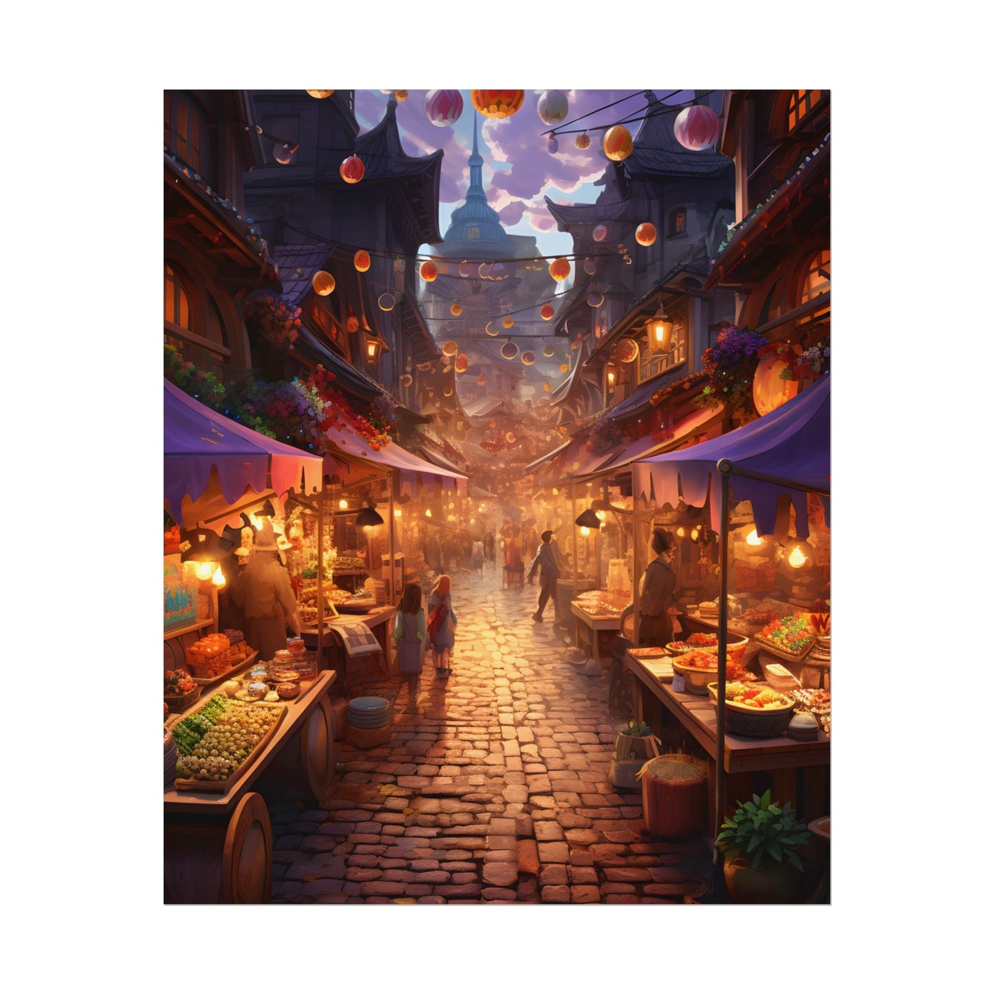 Magical Street Food Market: Vibrant Enchanted Scene Art - Poster