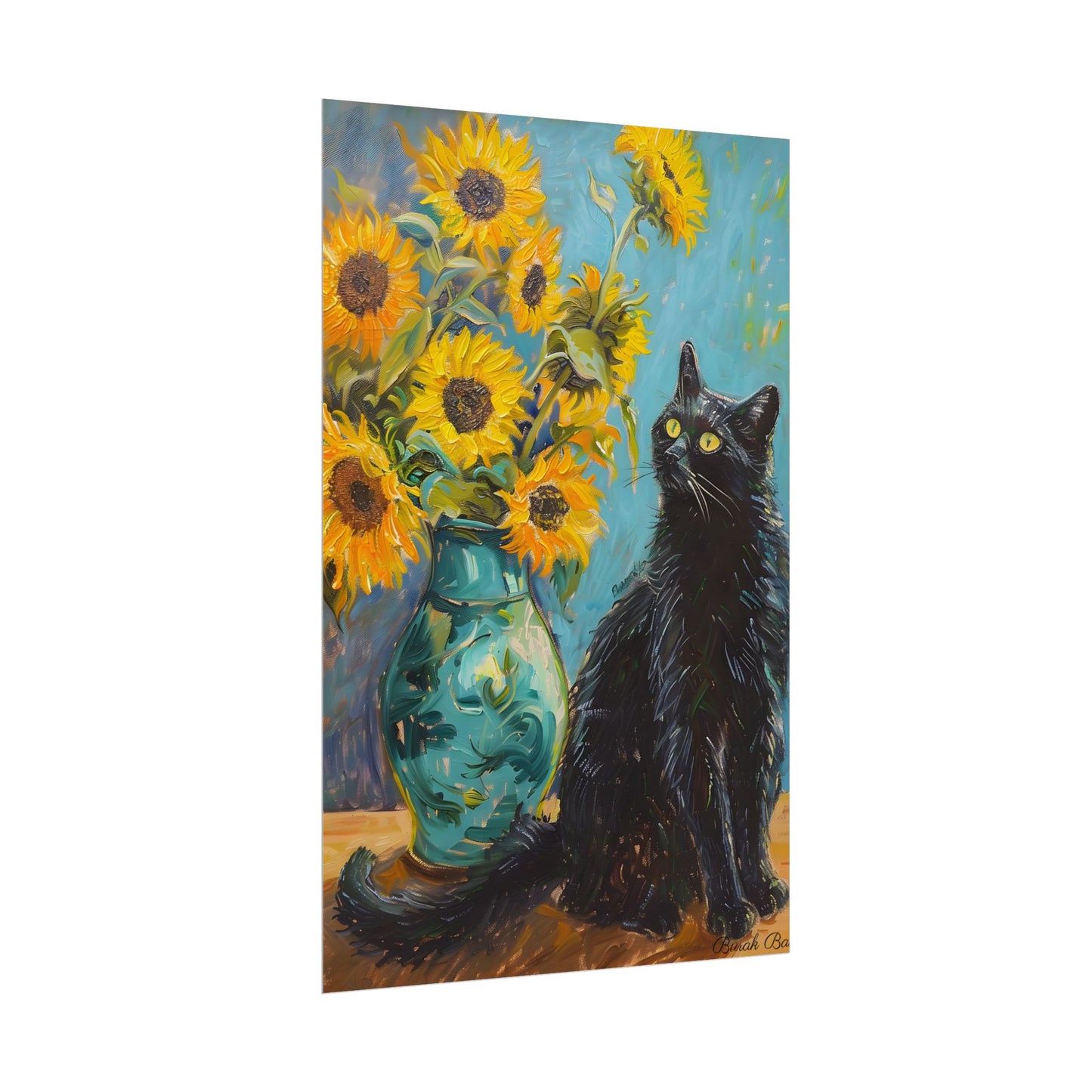 Whispers in the Garden: A Black Cat Among Sunflowers - Poster
