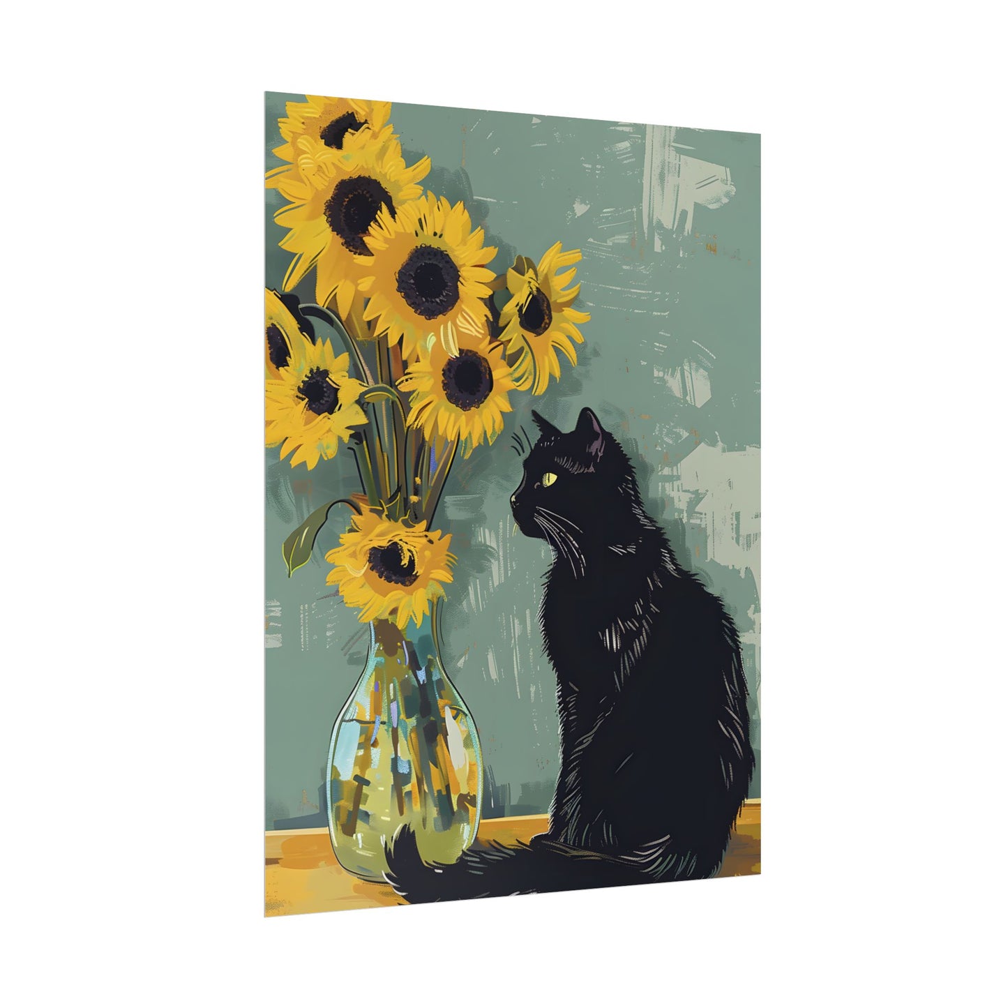 Whispers in the Sun: A Black Cat's Serene Moment with Sunflowers - Poster