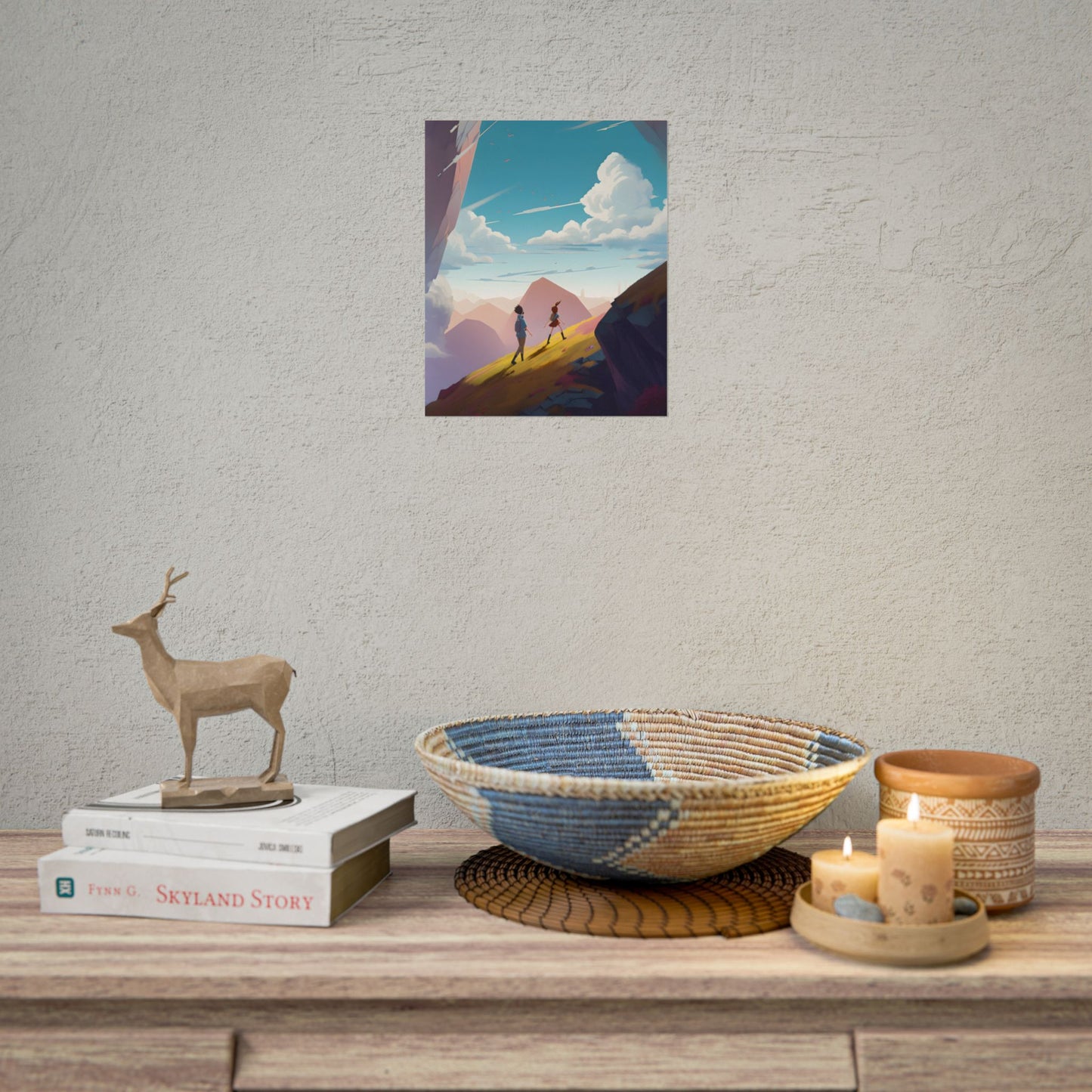 Young Boy and Girl on Cloudy Meadow: Outdoor Landscape Art - Poster