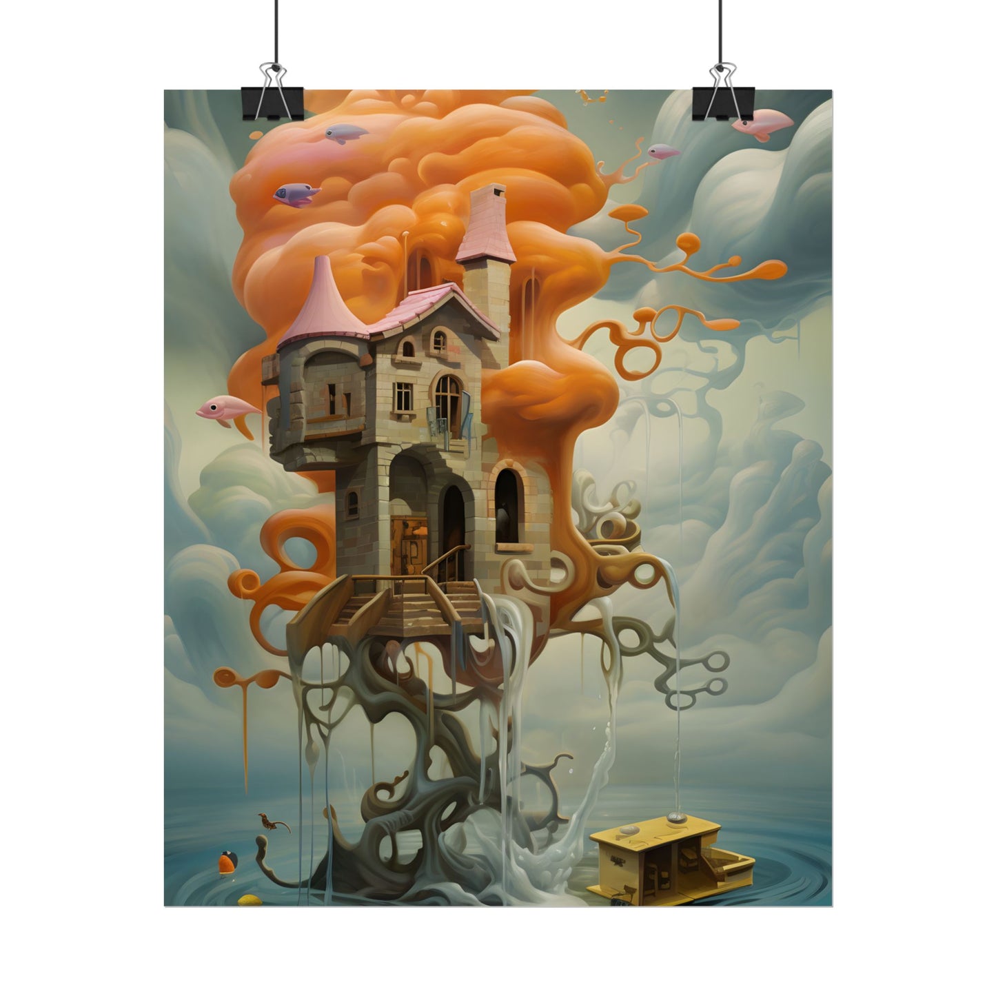 Surreal Dreamscape: Orange Mushroom in Psychedelic Landscape - Poster