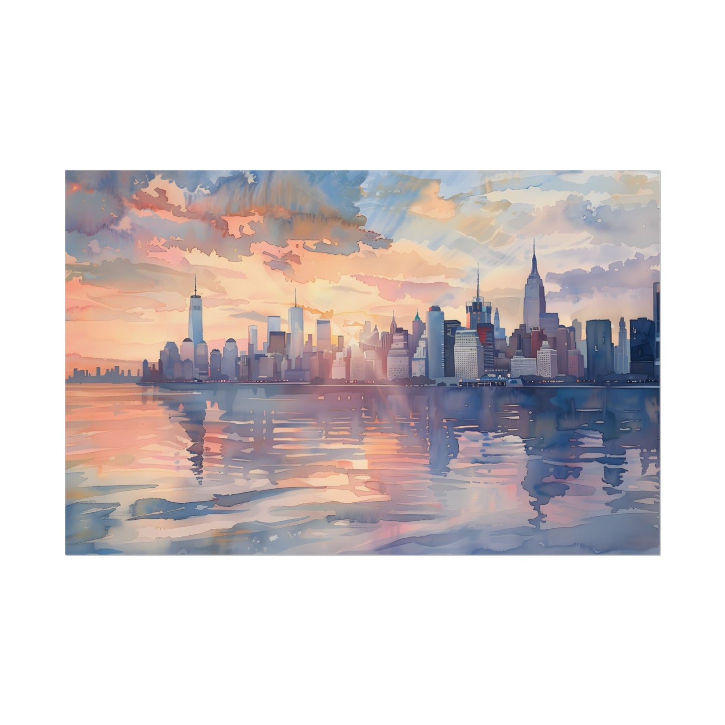 Watercolor New York City Sunset: Golden Hour Artwork - Poster