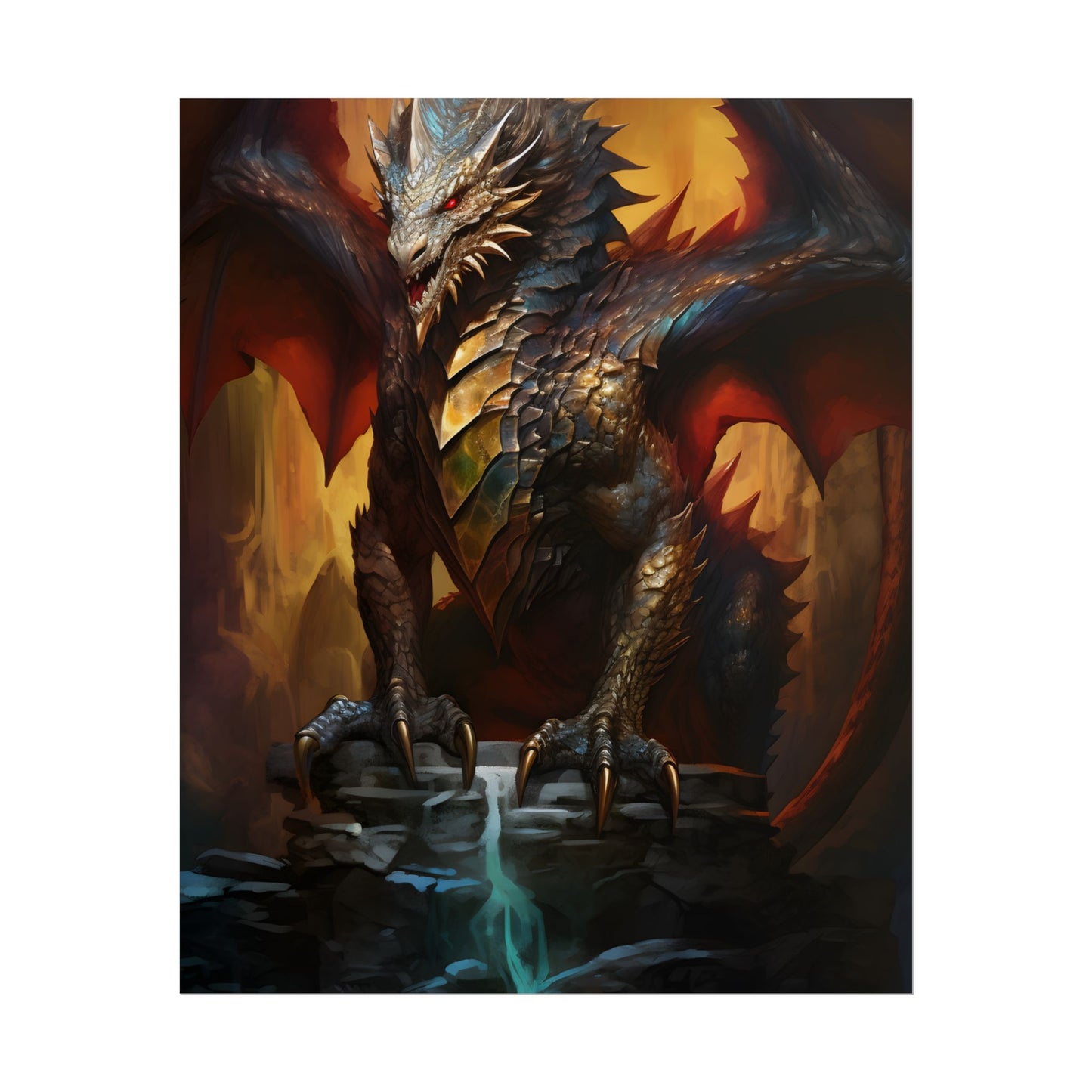 Fantasy Castle Guardian: Majestic Dragon Soars in Mid-Air - Poster