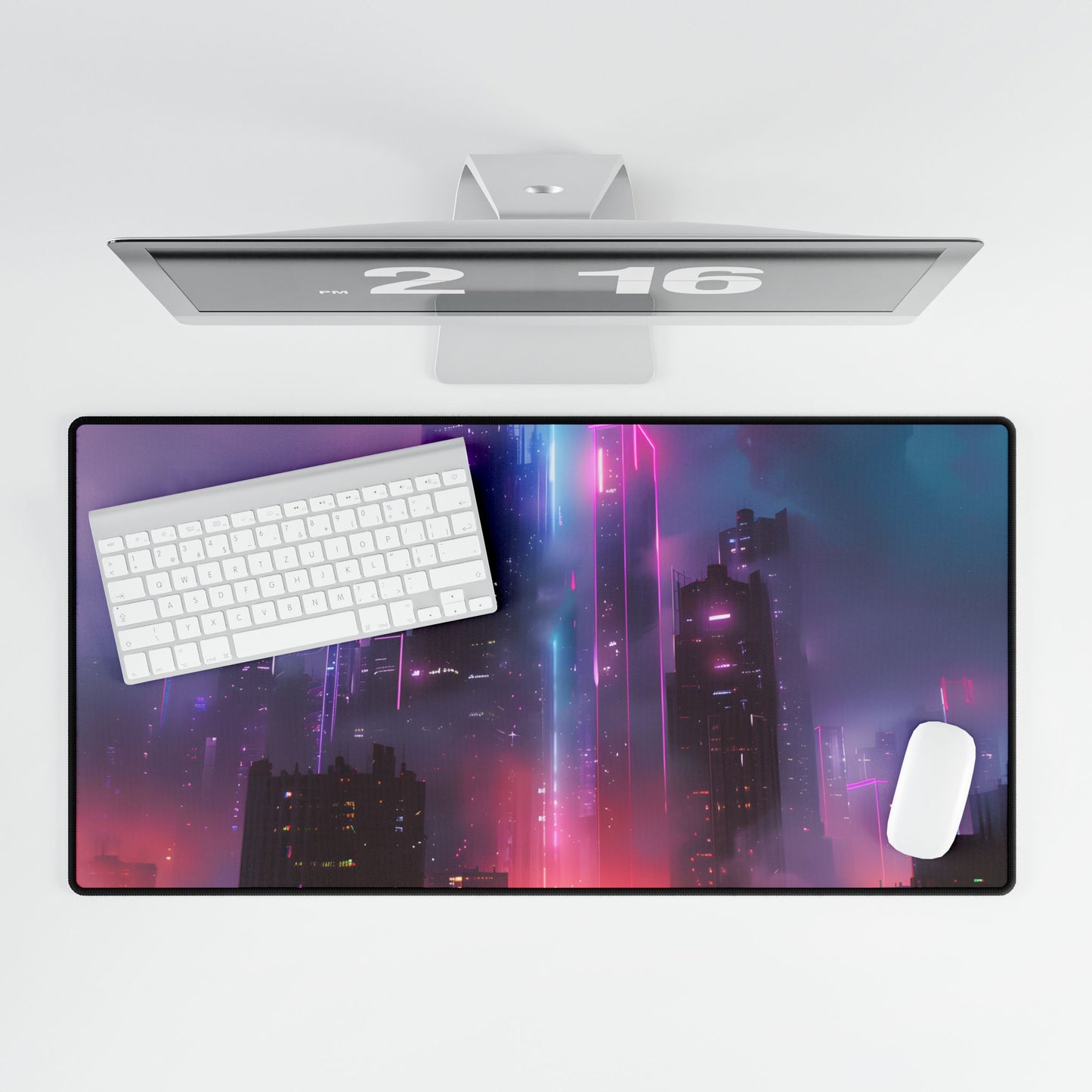 Futuristic Cityscape: Neon Dreams in the Urban Sky - Desk Mat