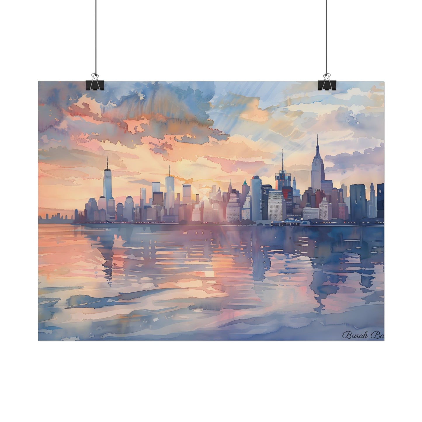 Watercolor New York City Sunset: Golden Hour Artwork - Poster