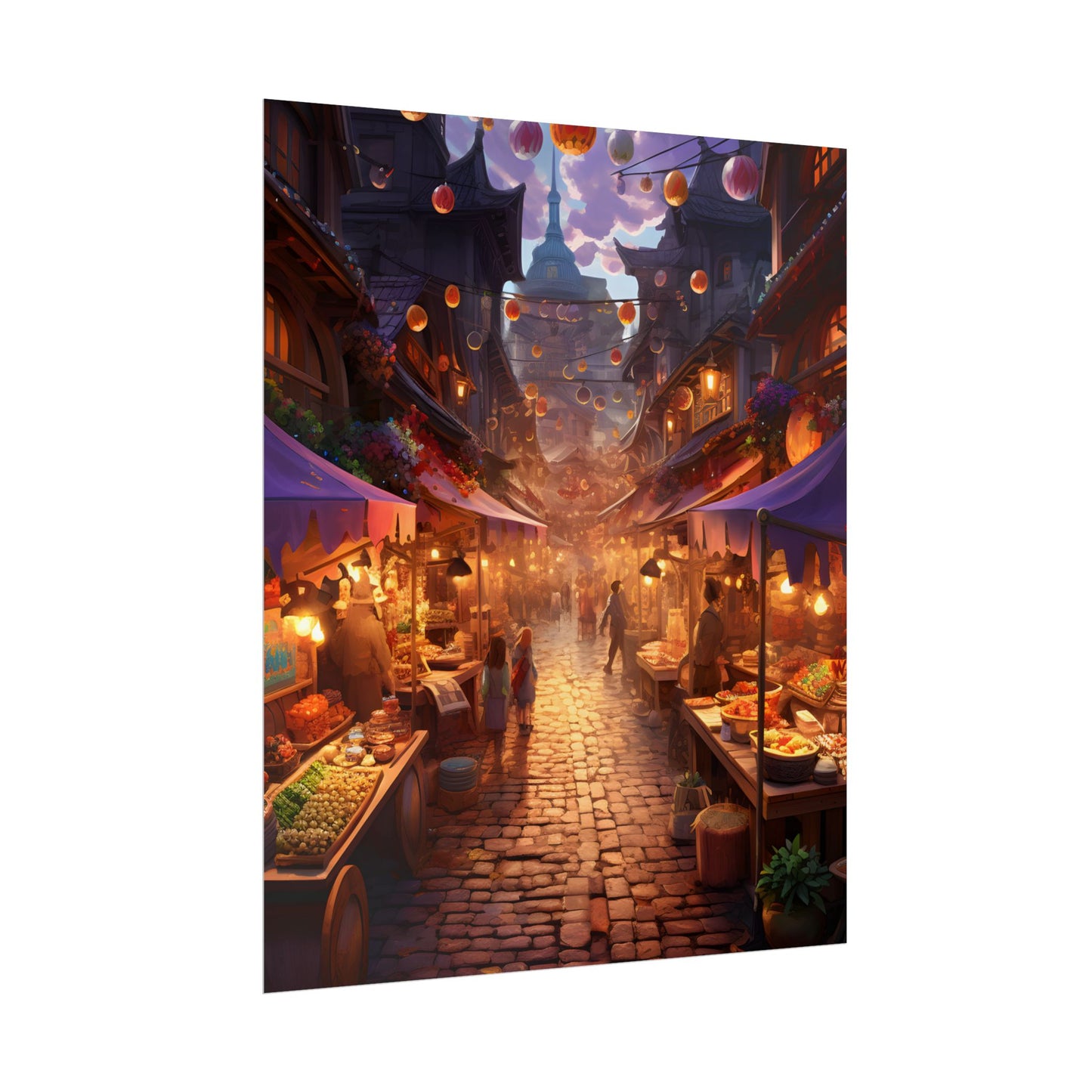 Magical Street Food Market: Vibrant Enchanted Scene Art - Poster