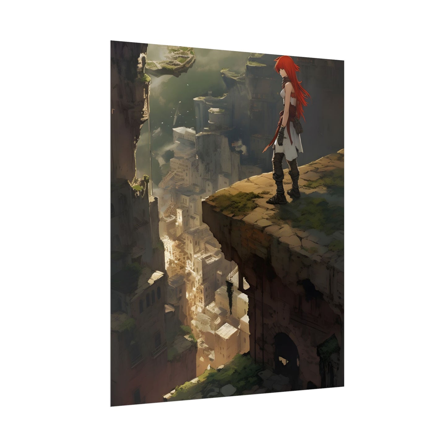 Anime Birds Eye View: Red Haired Female in Action Fantasy Scene - Poster