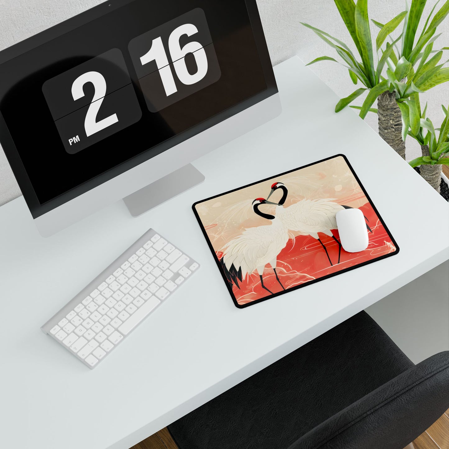 Serene Nature: Two Cranes Amidst Red and Green Landscape Art - Desk Mat