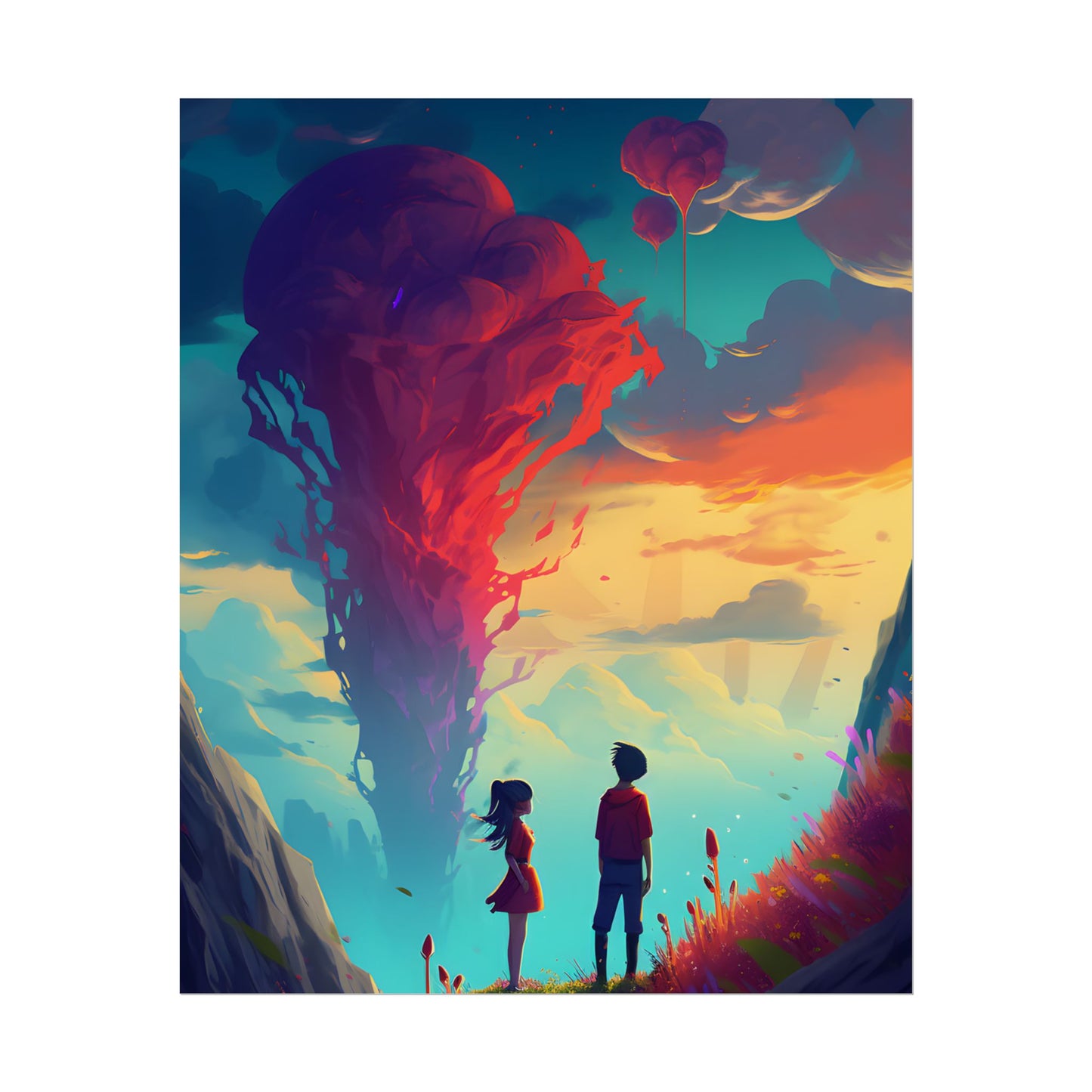 Peaceful Meadow Moment: A Girl and a Boy in Nature - Poster