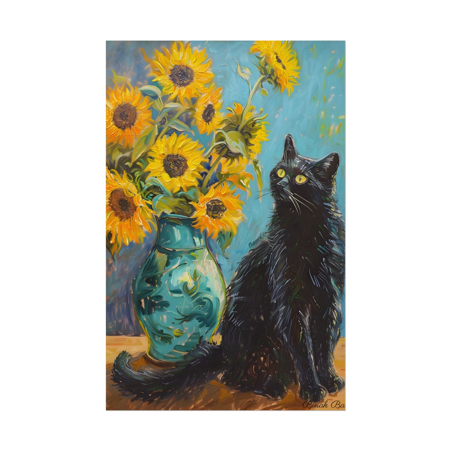 Whispers in the Garden: A Black Cat Among Sunflowers - Poster