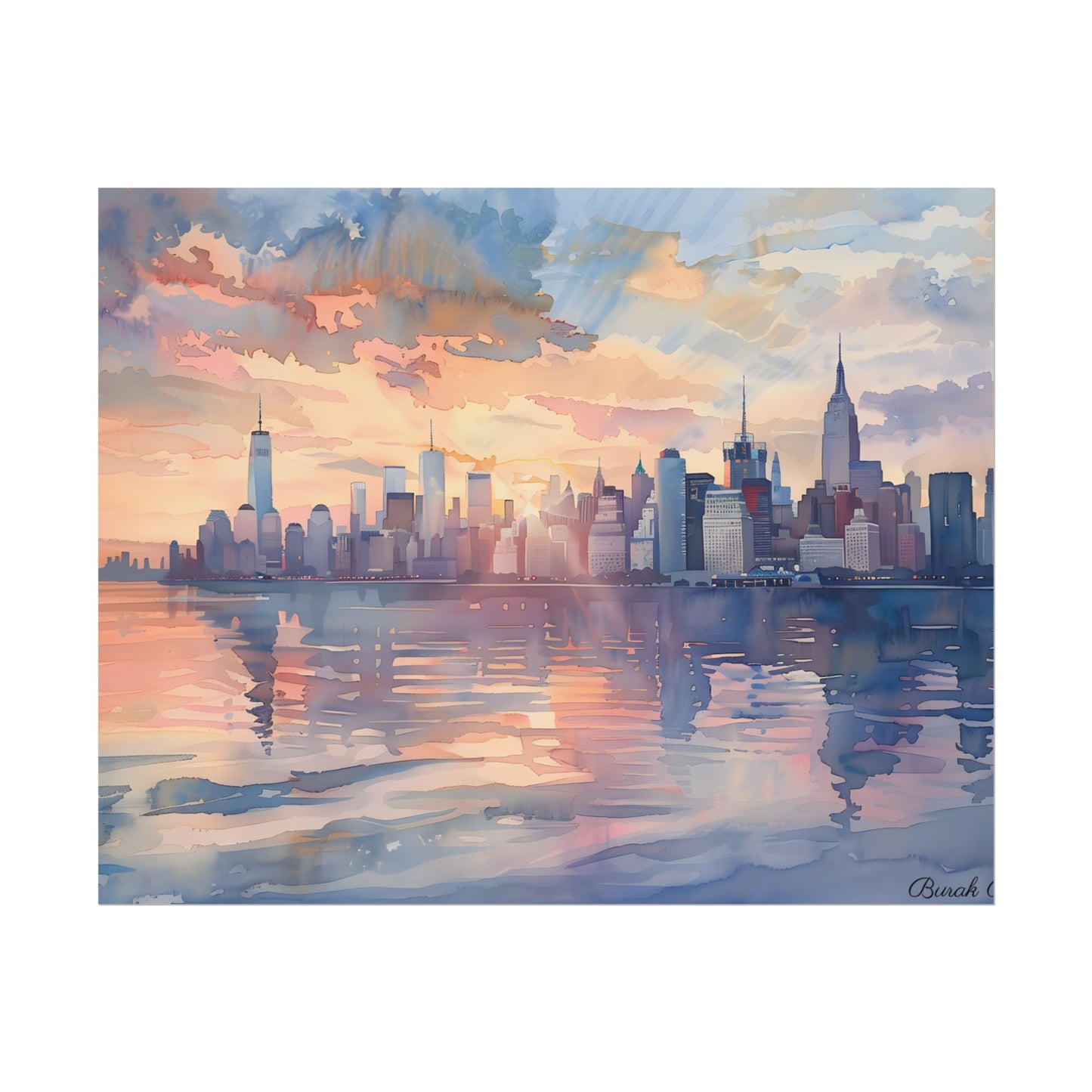 Watercolor New York City Sunset: Golden Hour Artwork - Poster
