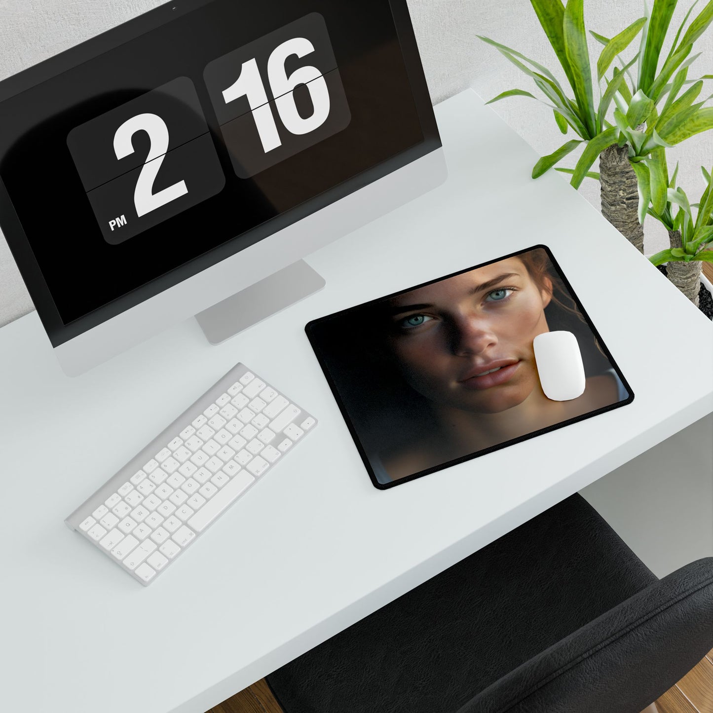 Close-Up Portrait: Grinning Woman with Sharp Light Brown Eyes - Desk Mat