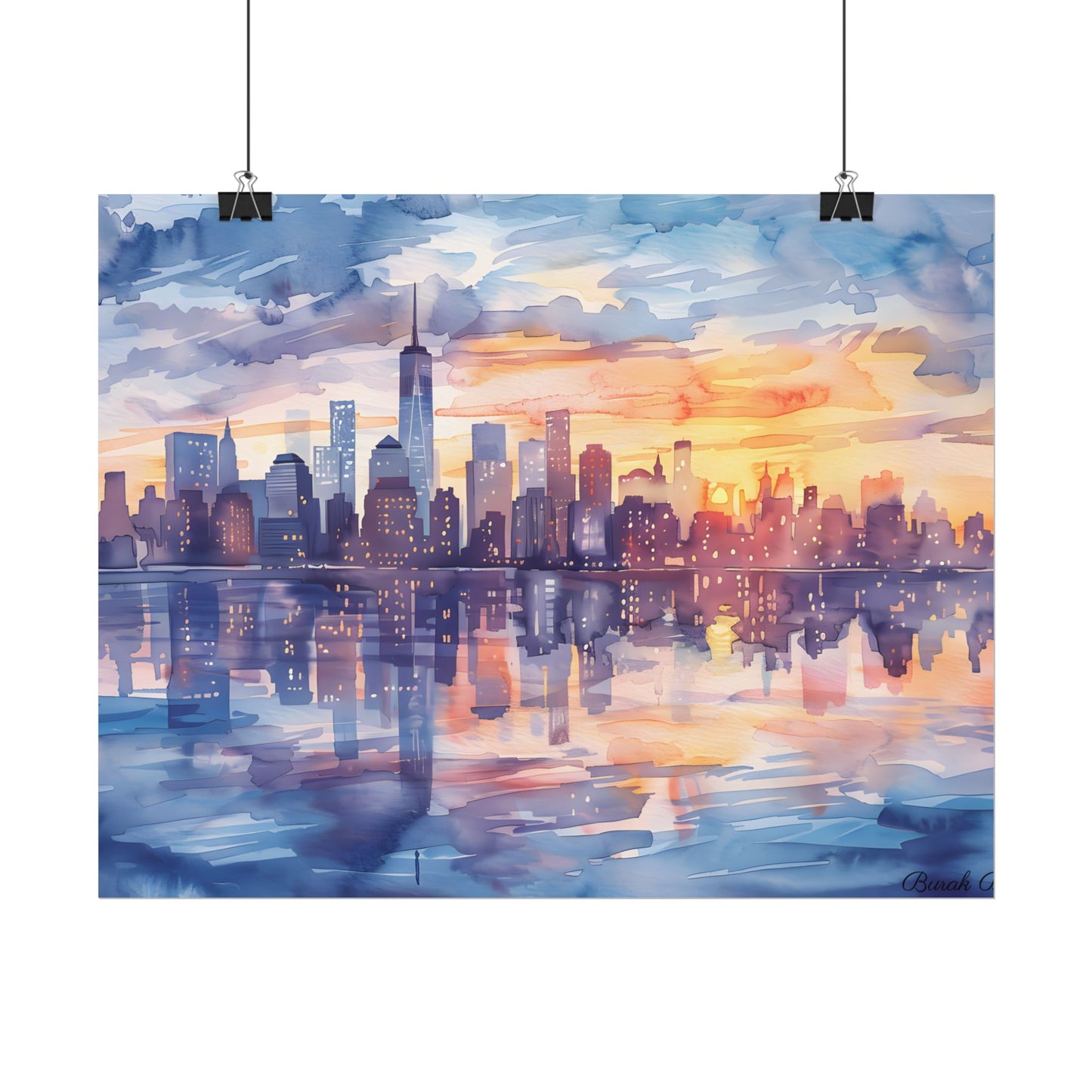 Watercolor New York City Sunset Skyline: Artistic NYC View - Poster