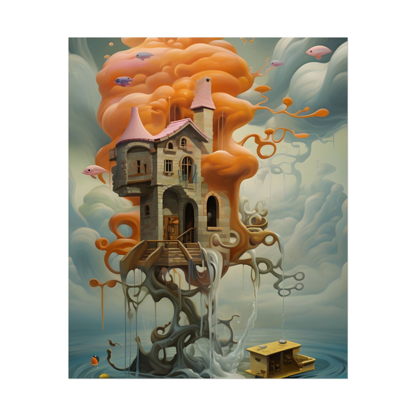 Surreal Dreamscape: Orange Mushroom in Psychedelic Landscape - Poster