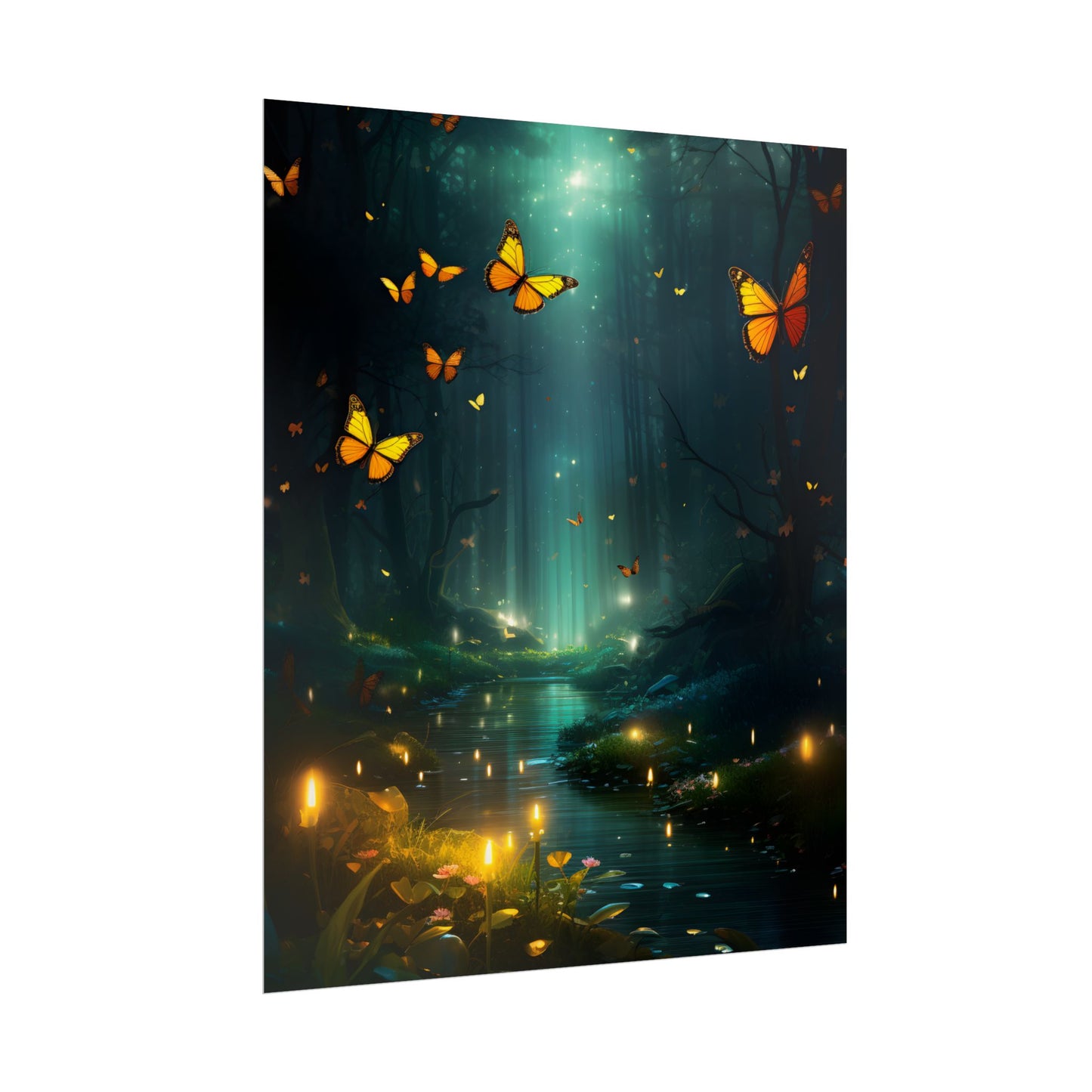 Fantasy Night Bokeh Artwork: Glowing Fog Forest Painting - Poster