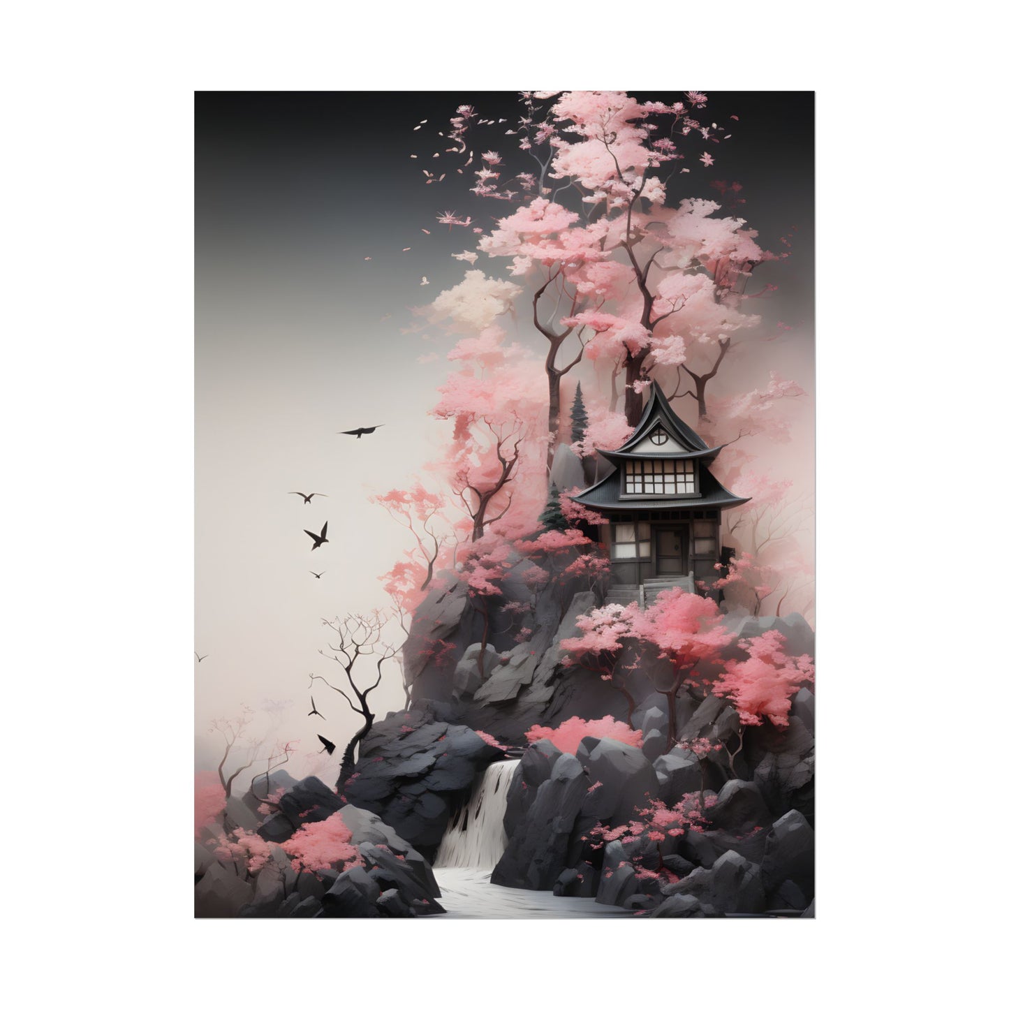 Ash Magenta Masterpiece: Rugged Landscape with Moss Green Forest - Poster