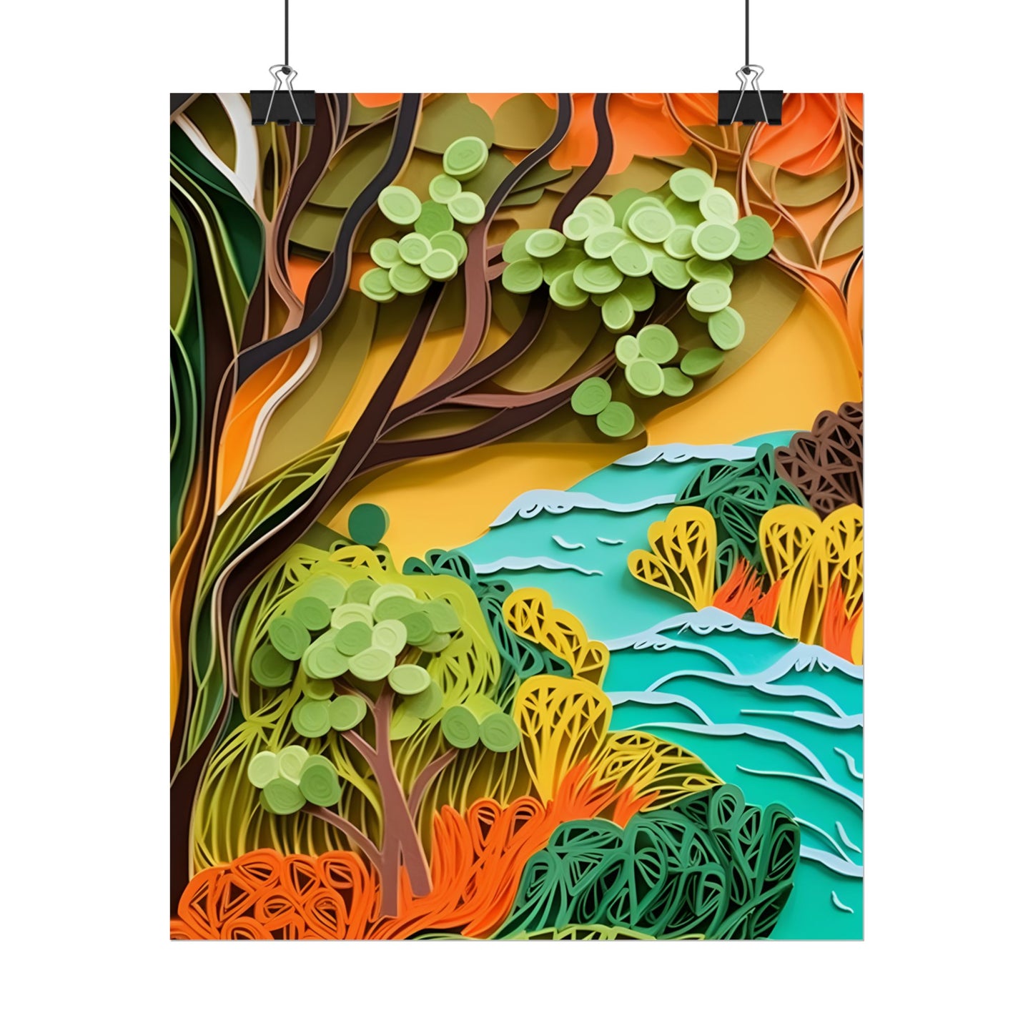 African Paper Quilled Landscape: Artwork in Brown and Green - Poster