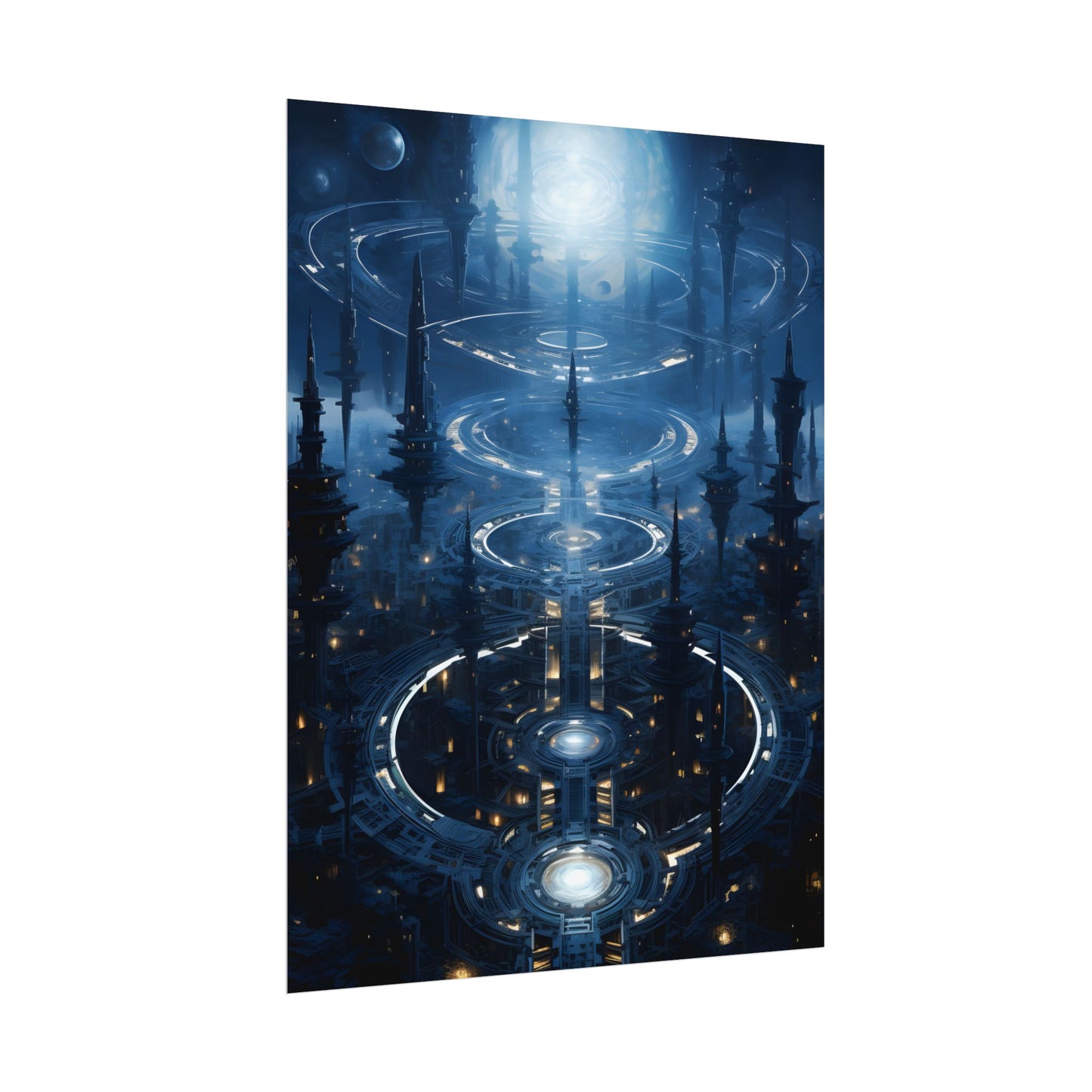 Aetherial Space Station: Galactic Hub in Vibrant Blue Nebula - Poster