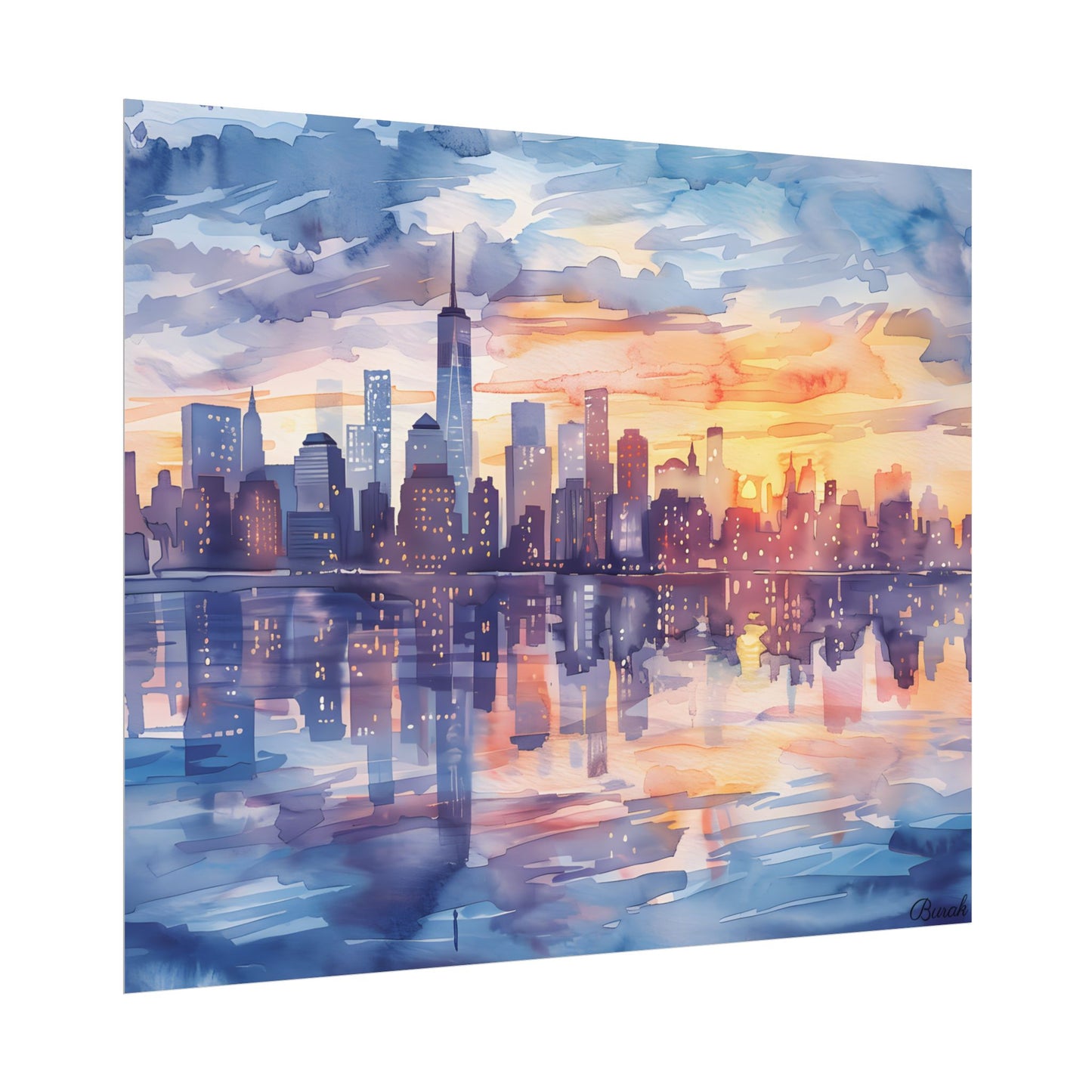 Watercolor New York City Sunset Skyline: Artistic NYC View - Poster