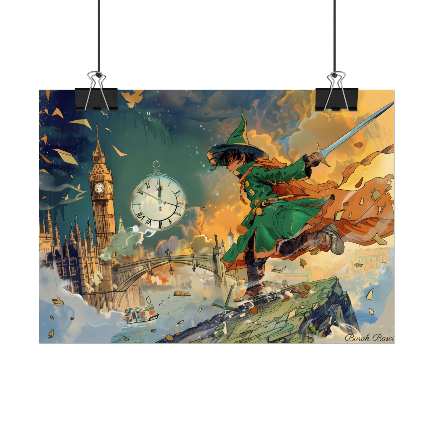 Whimsical Green Tunic Boy: Mischievous Illustration - Poster