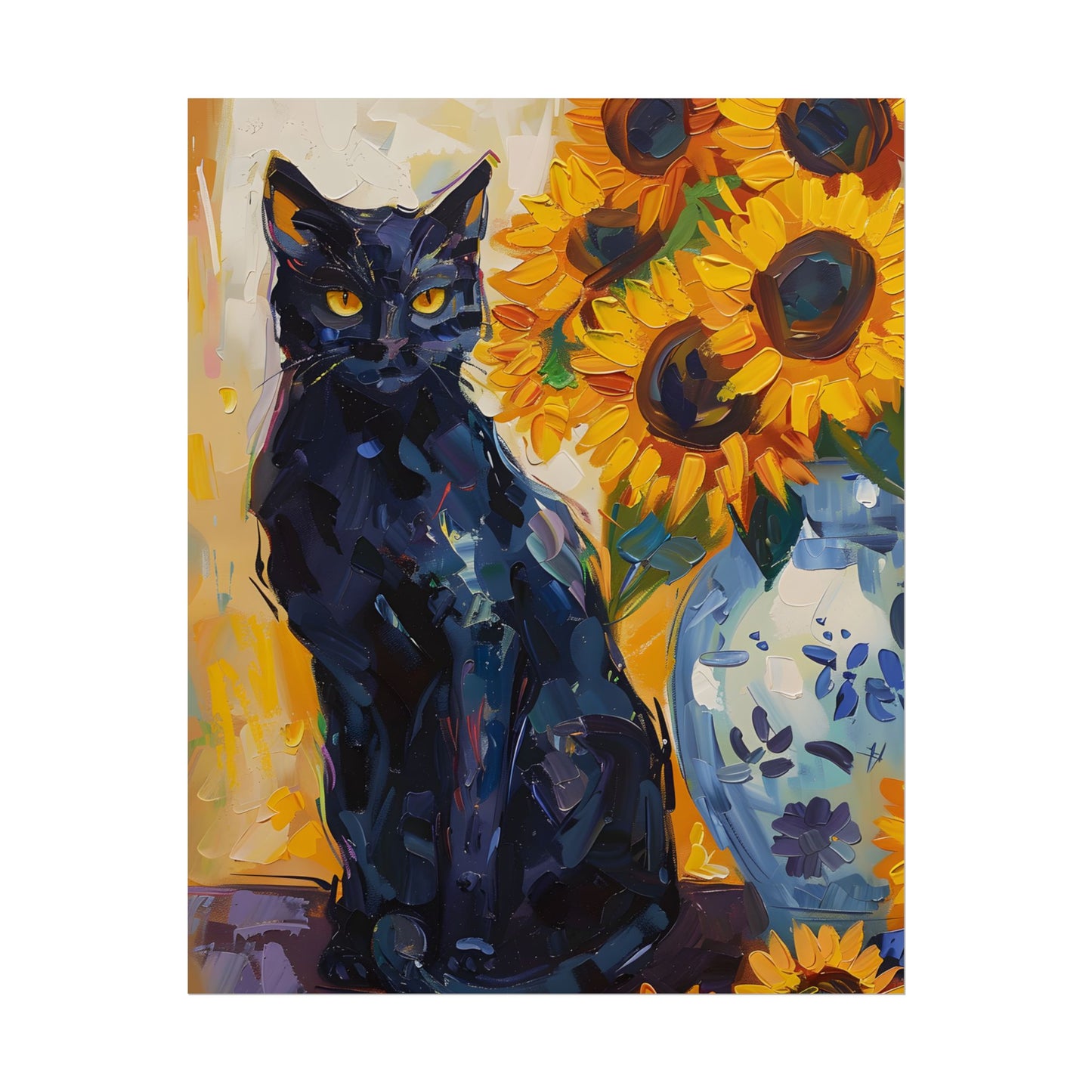 Whiskers by Sunshine: Black Cat in a Blooming Garden - Poster