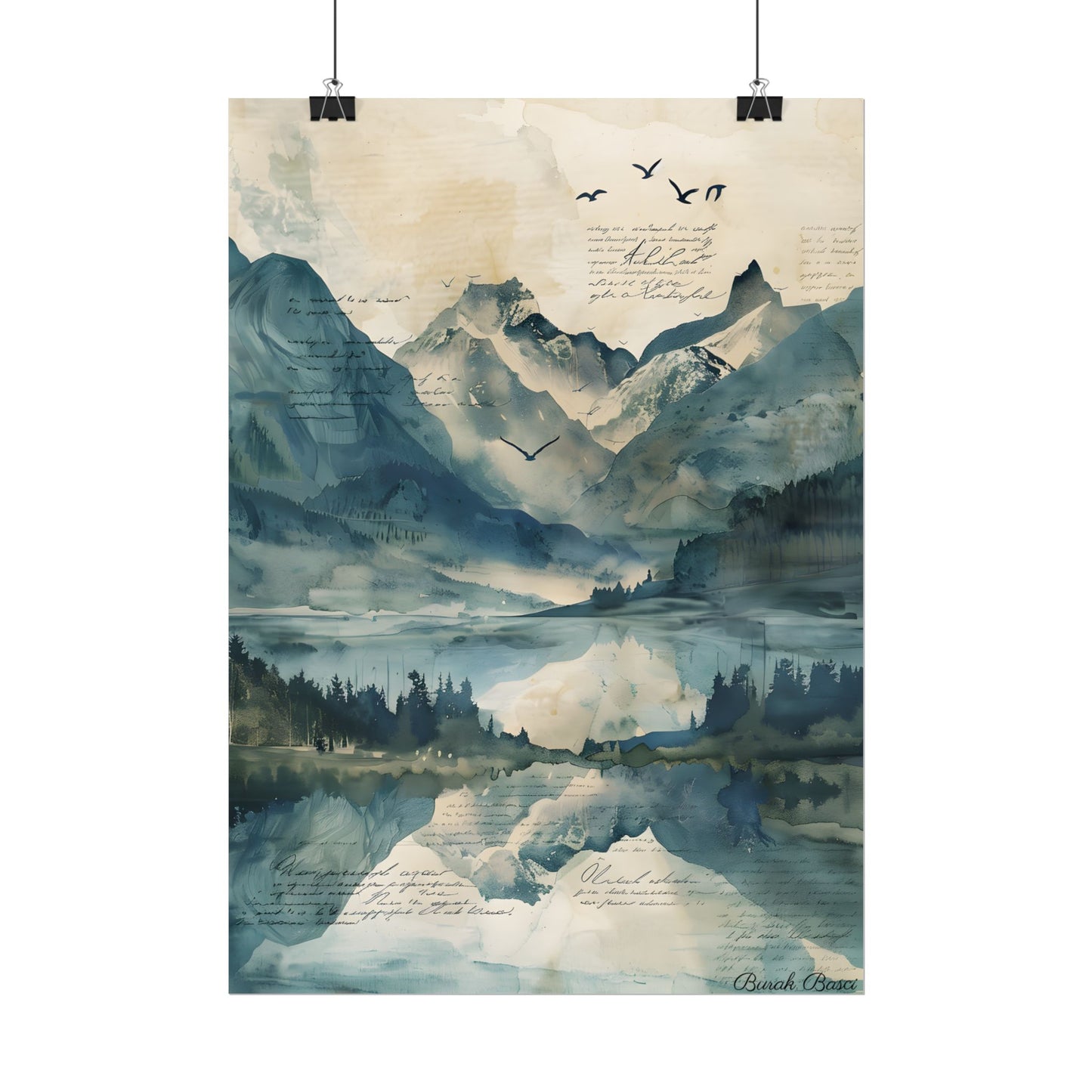 Serene Mountain Landscape: Wildlife Art with Birds in Flight - Poster